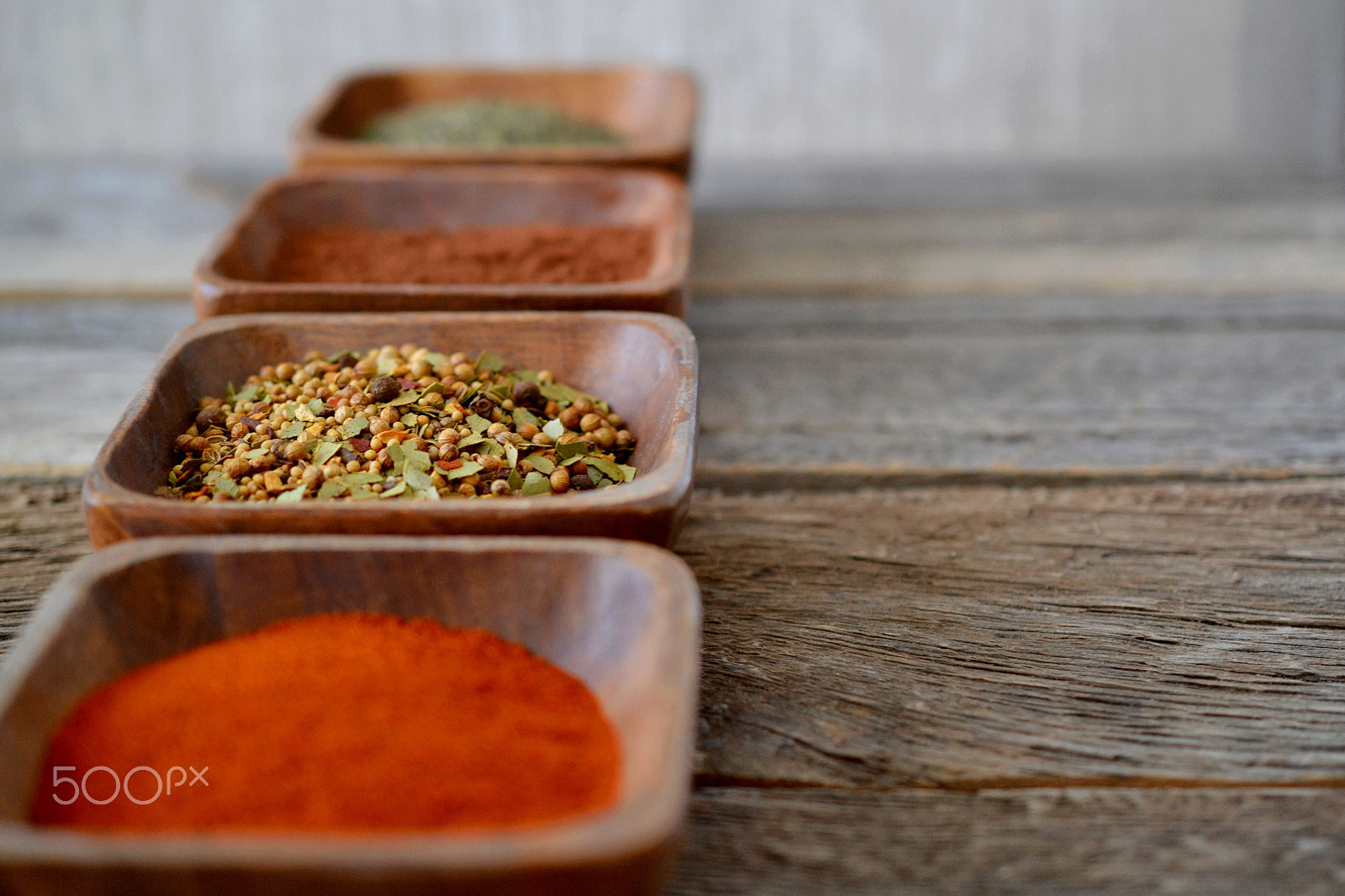 AF Nikkor 70-210mm f/4-5.6D sample photo. Spices in rustic wooden bowls photography