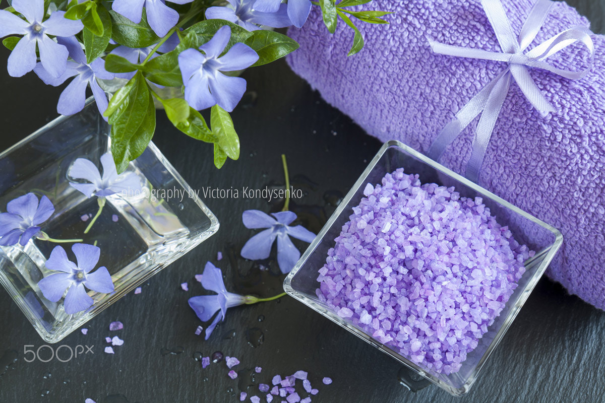 Canon EOS 1000D (EOS Digital Rebel XS / EOS Kiss F) sample photo. Lavender bath salts with flowers and towel photography