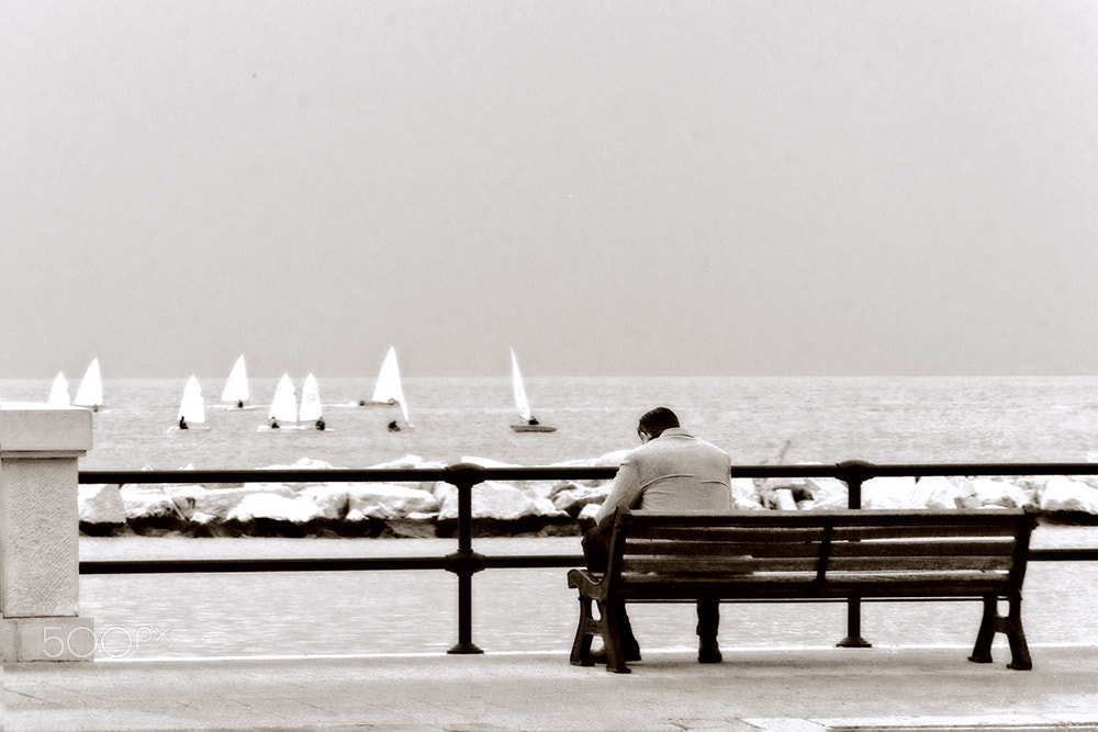 Canon EF-S 55-250mm F4-5.6 IS II sample photo. Lungomare di bari - panchina ed orizzonti photography