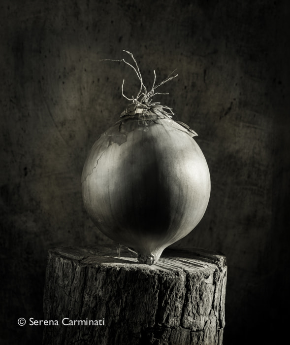 Nikon D800 + AF Nikkor 50mm f/1.8 sample photo. Onion on wood (black and white) photography