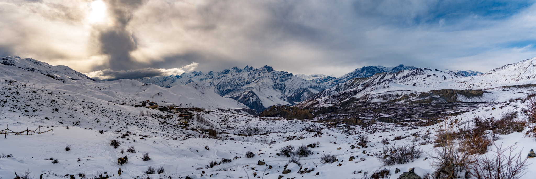 Nikon D4 + Nikon AF Nikkor 35mm F2D sample photo. Lake and snow mountain of kagbeni; napal. panorama. photography