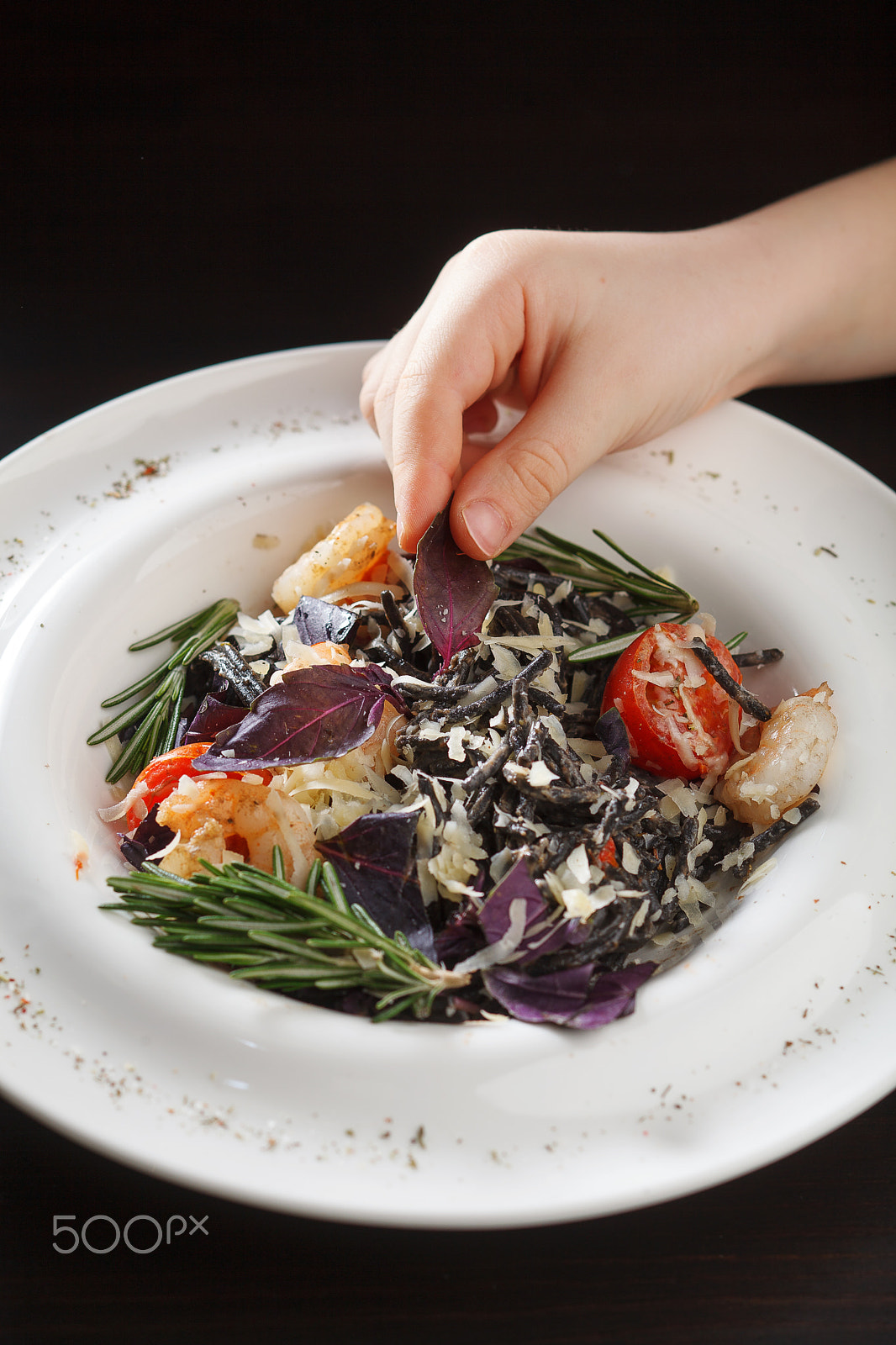 Canon TS-E 90mm F2.8 Tilt-Shift sample photo. Black spaghetti with shrimps and vegetables photography