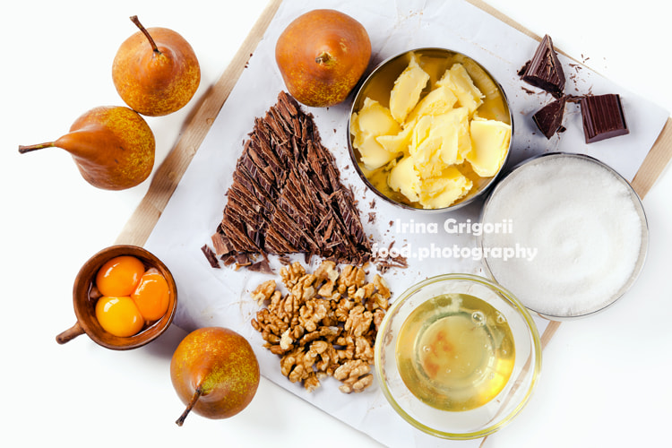 Food ingredients for making cake with chocolate an