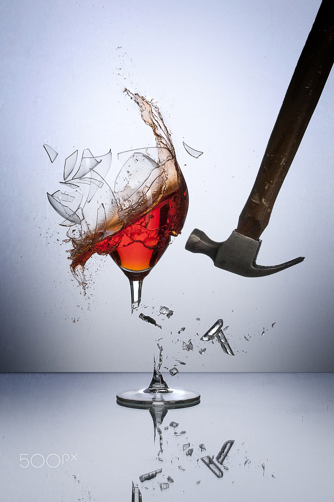 Nikon D300S sample photo. Hammer smash wine glass photography