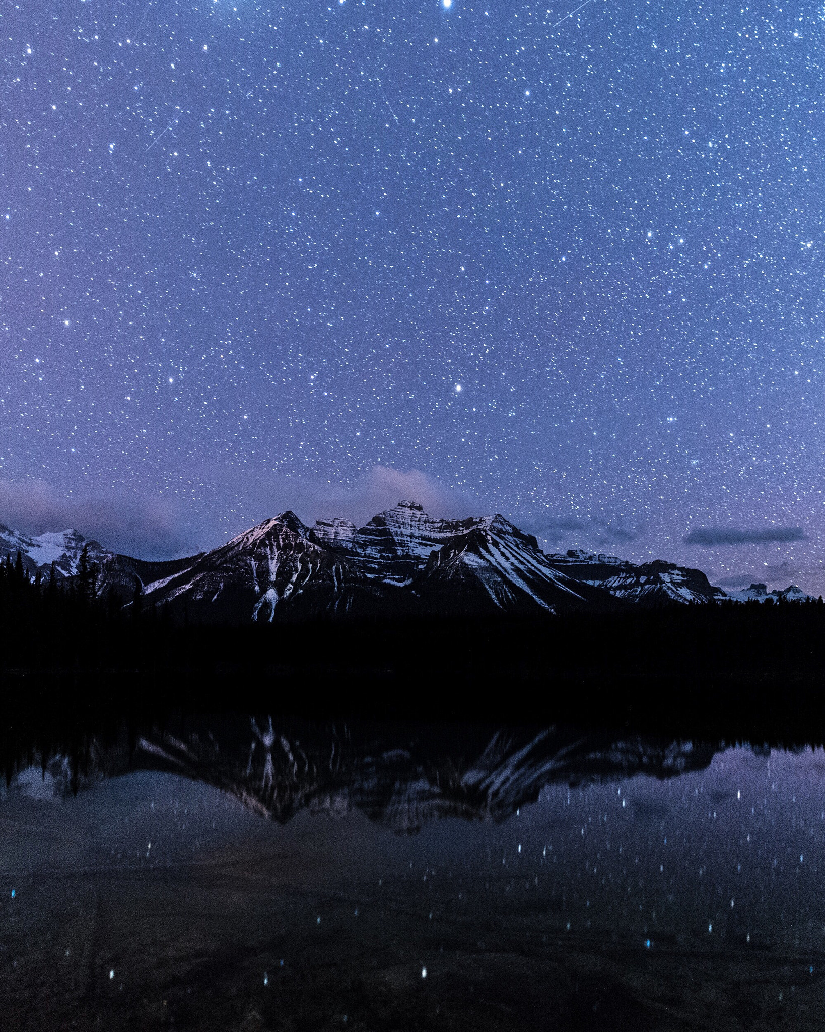 Nikon D4 + Nikon AF-S Nikkor 20mm F1.8G ED sample photo. Stars reflecting on herbert lake. mount saint pira ... photography