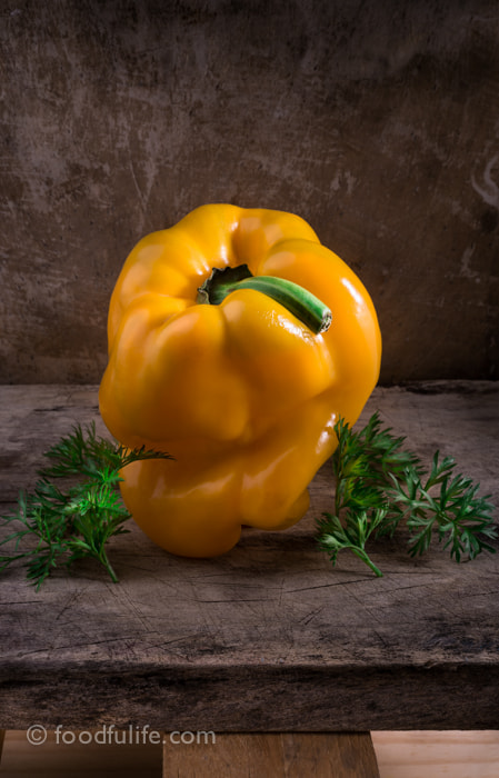 Nikon D800 + AF Nikkor 50mm f/1.8 sample photo. Bell pepper with carrot leaves photography
