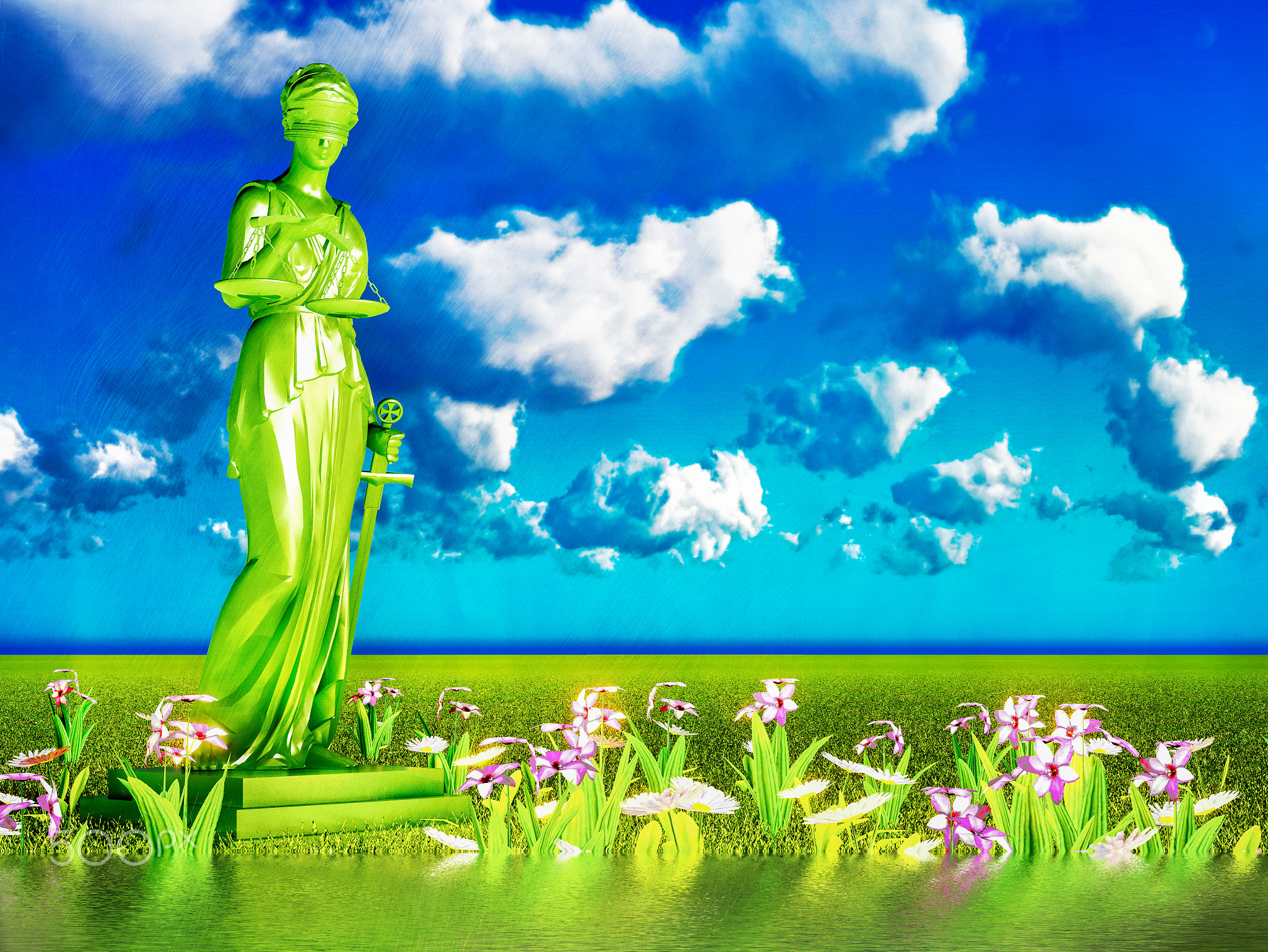 Lady of justice and flowers, 3d illustration