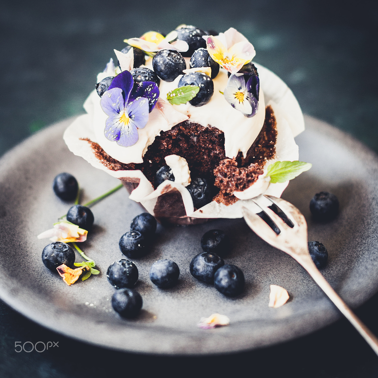 Sigma 50mm F1.4 EX DG HSM sample photo. Dark chocolate blueberry cupcake with fresh flower photography