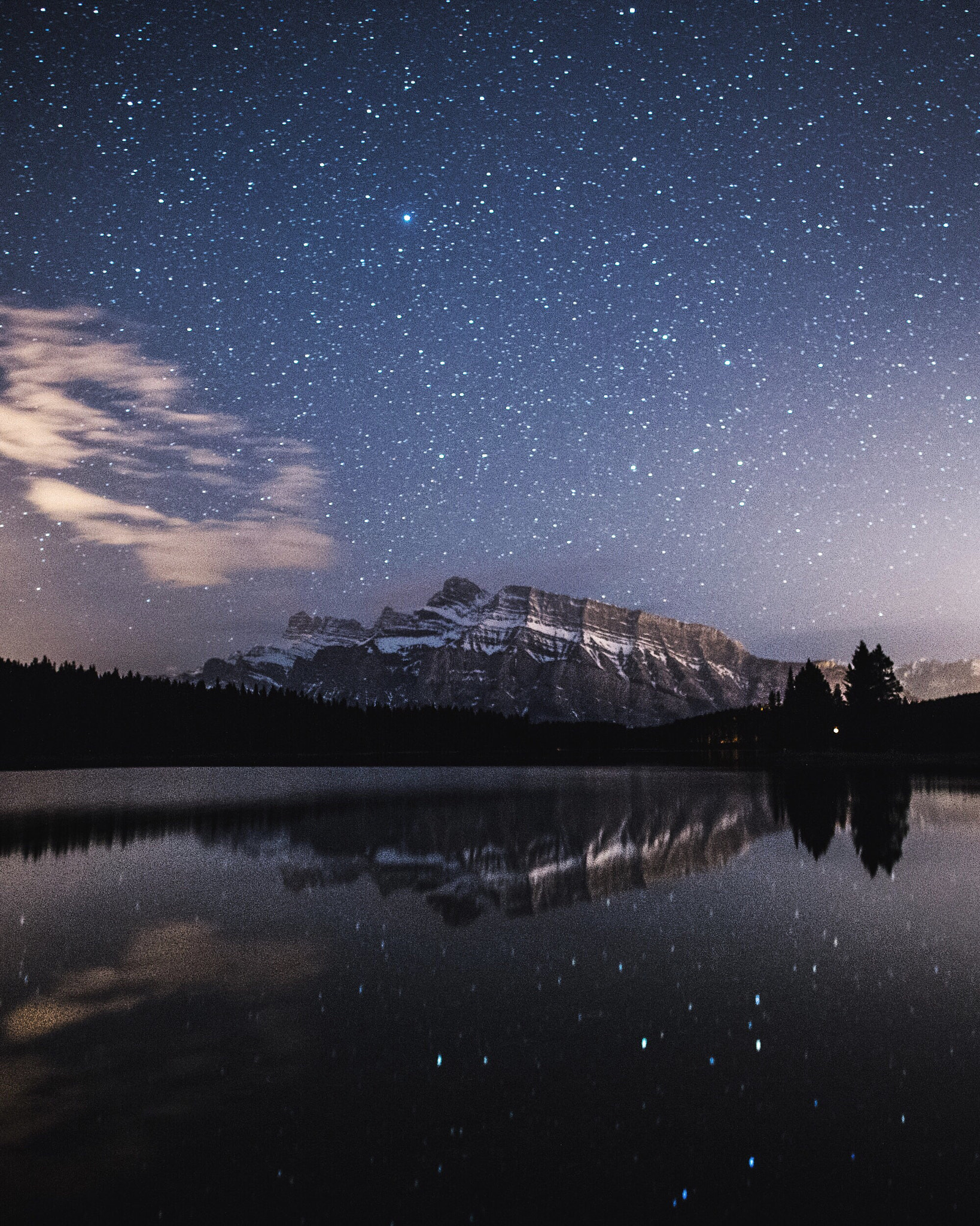 Nikon D4 + Nikon AF-S Nikkor 20mm F1.8G ED sample photo. Stars reflecting on two jack lake. mt rundle. banff. alberta. photography