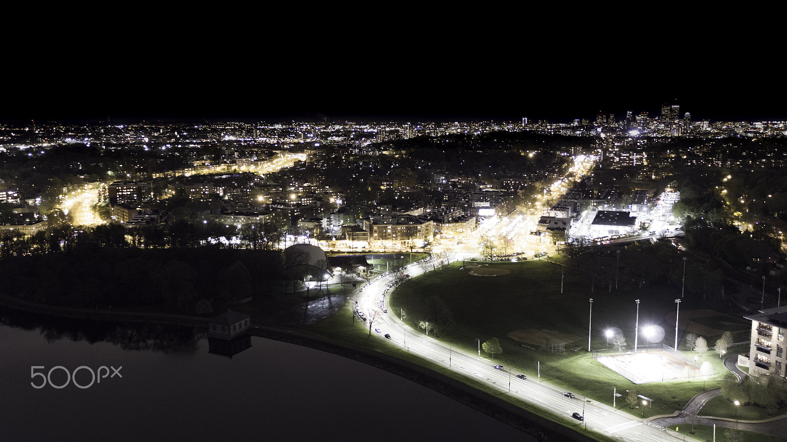 DJI FC550RAW sample photo. Cleveland circle at night with boston skyline dark sky version photography