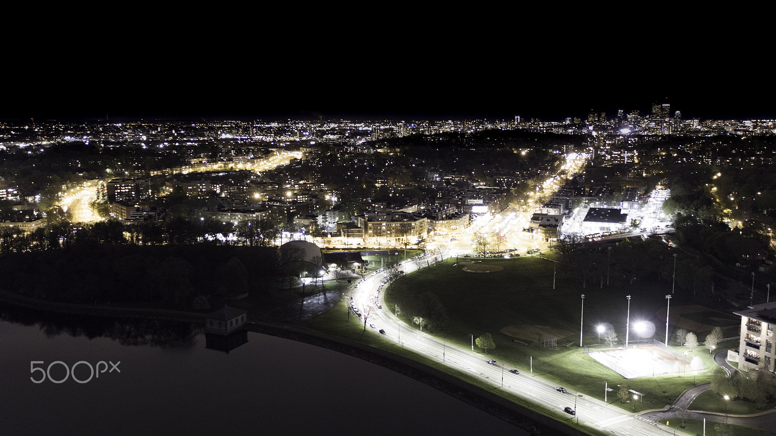 DJI FC550RAW + DJI MFT 15mm F1.7 ASPH sample photo. Cleveland circle at night with boston skyline dark sky version photography