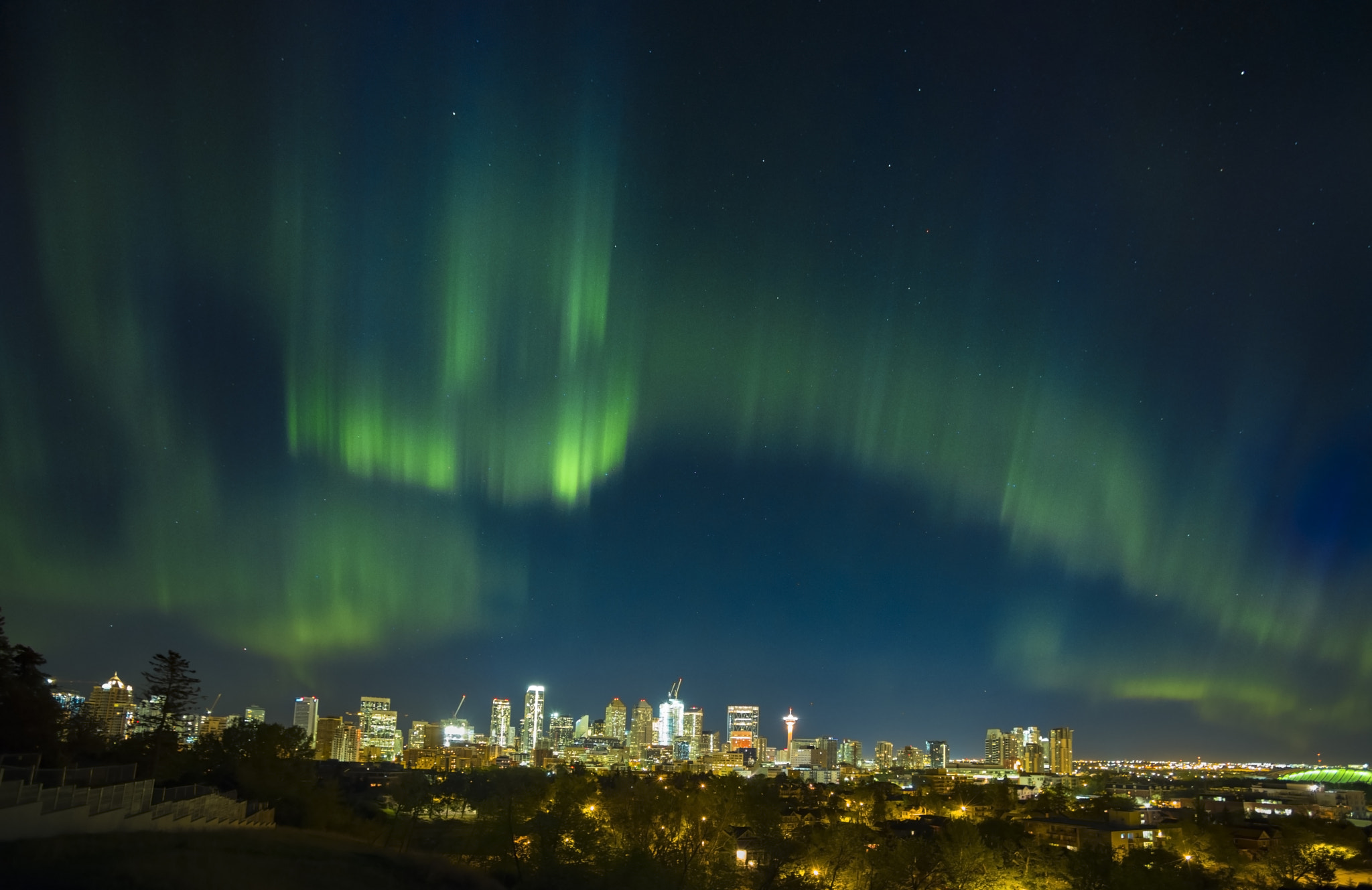 Nikon D810A + Nikon AF Nikkor 14mm F2.8D ED sample photo. Calgary skyline at night photography