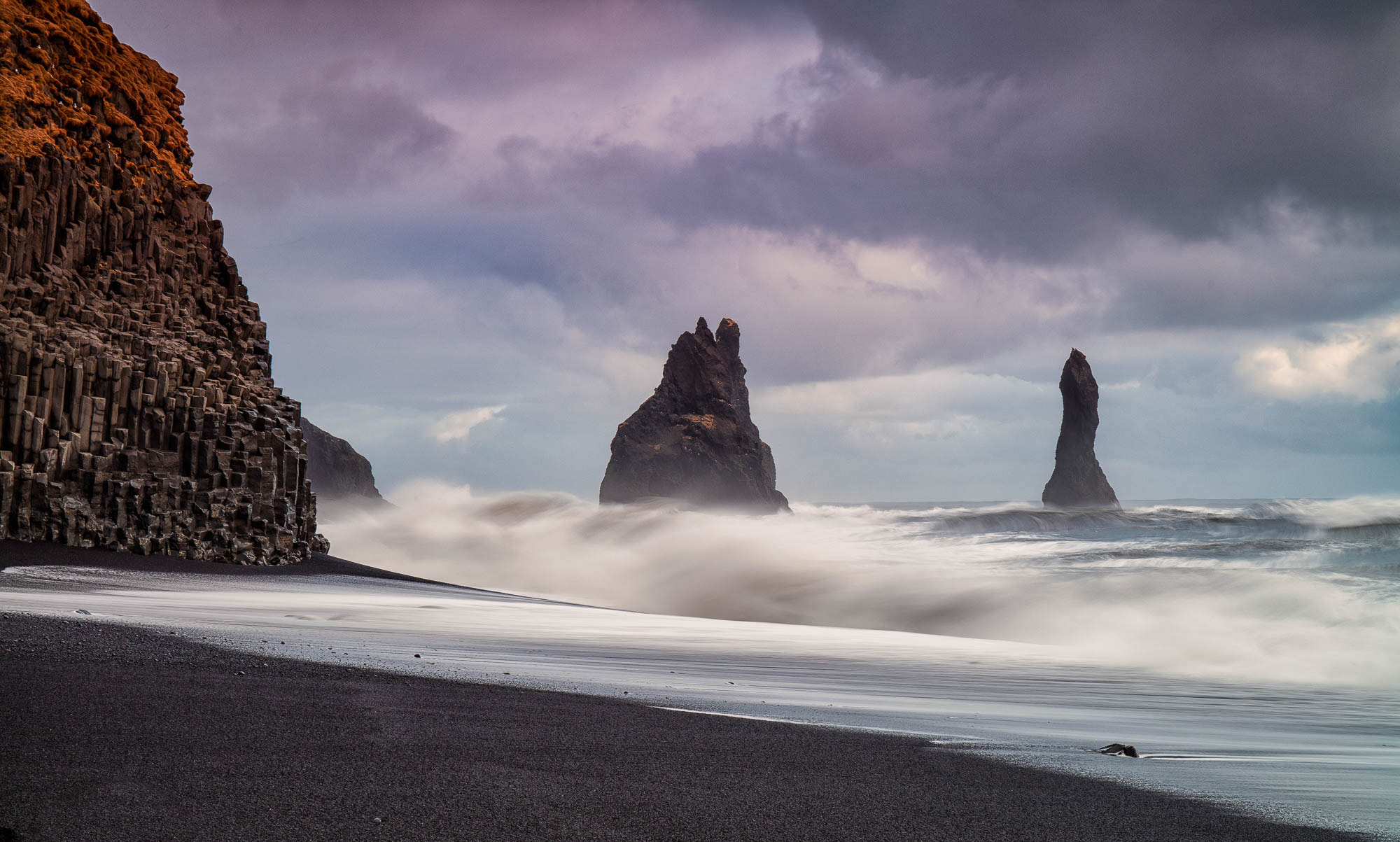 Canon EF 24-70mm F4L IS USM sample photo. Reynisdrangar sea stacks off black beach photography