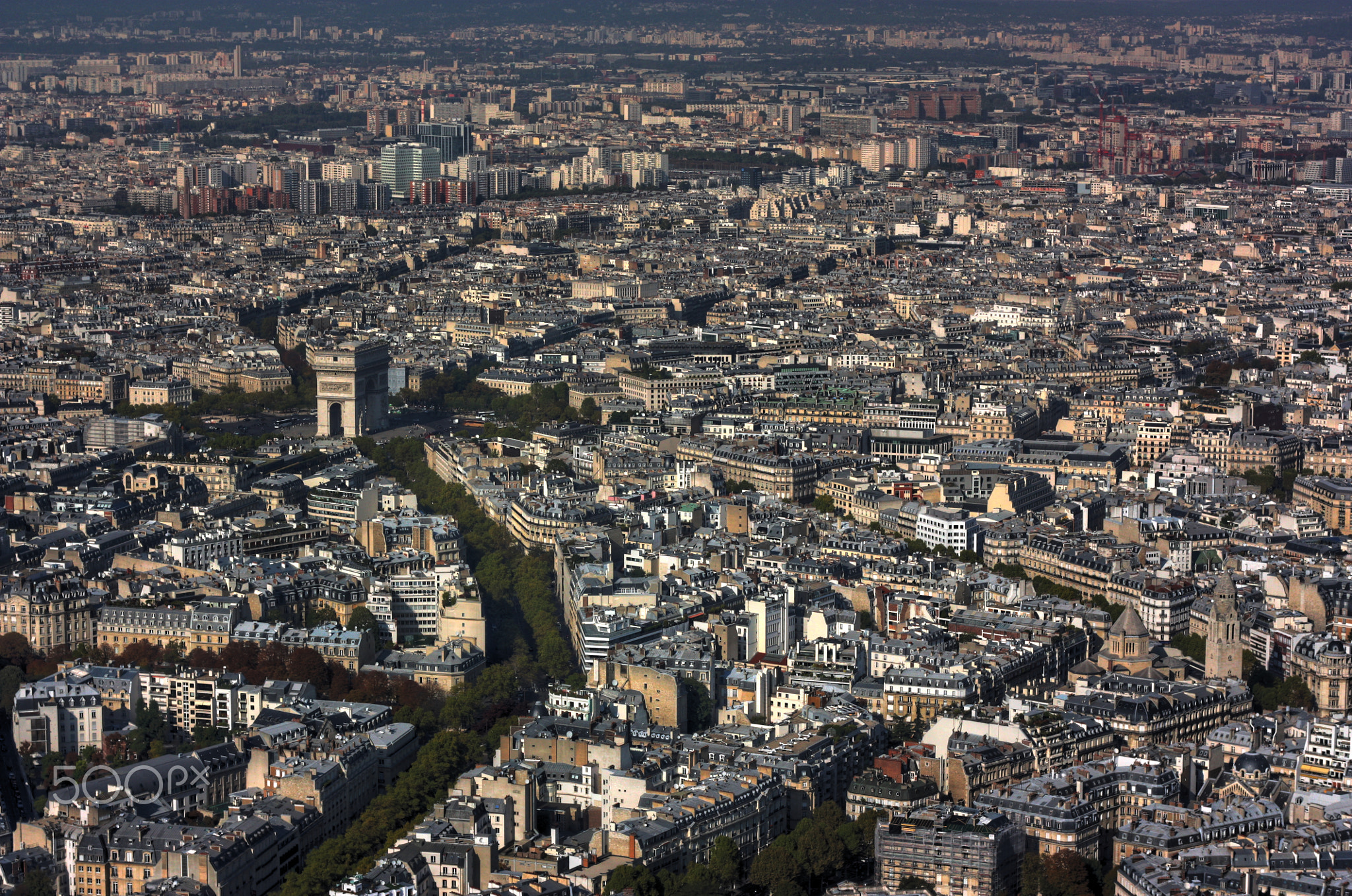 Arc De Triomphe from the Eiffel tower in Paris, France