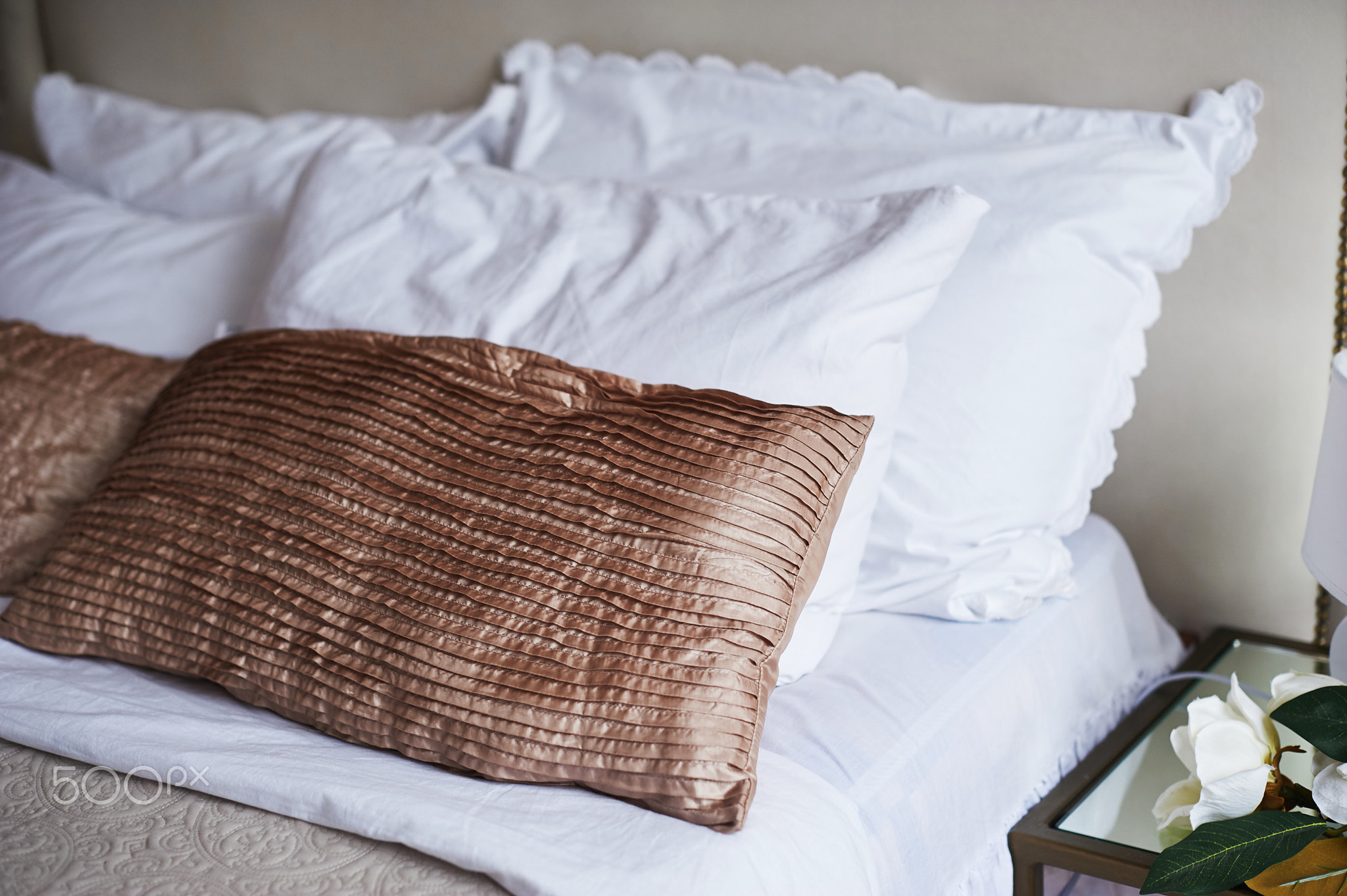 Colorful Pillow on hotel bed with space for text