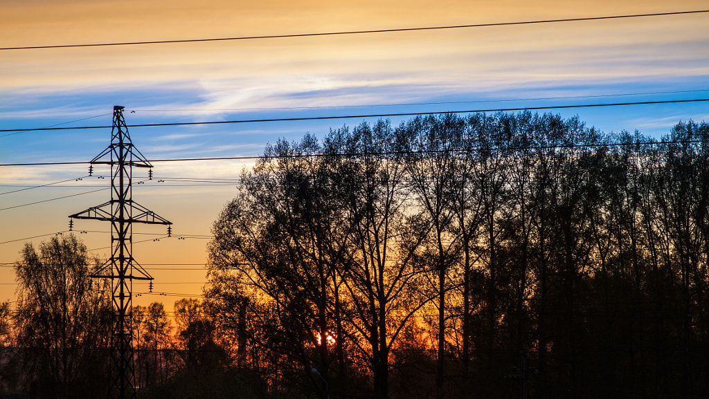 Sunset under power lines
