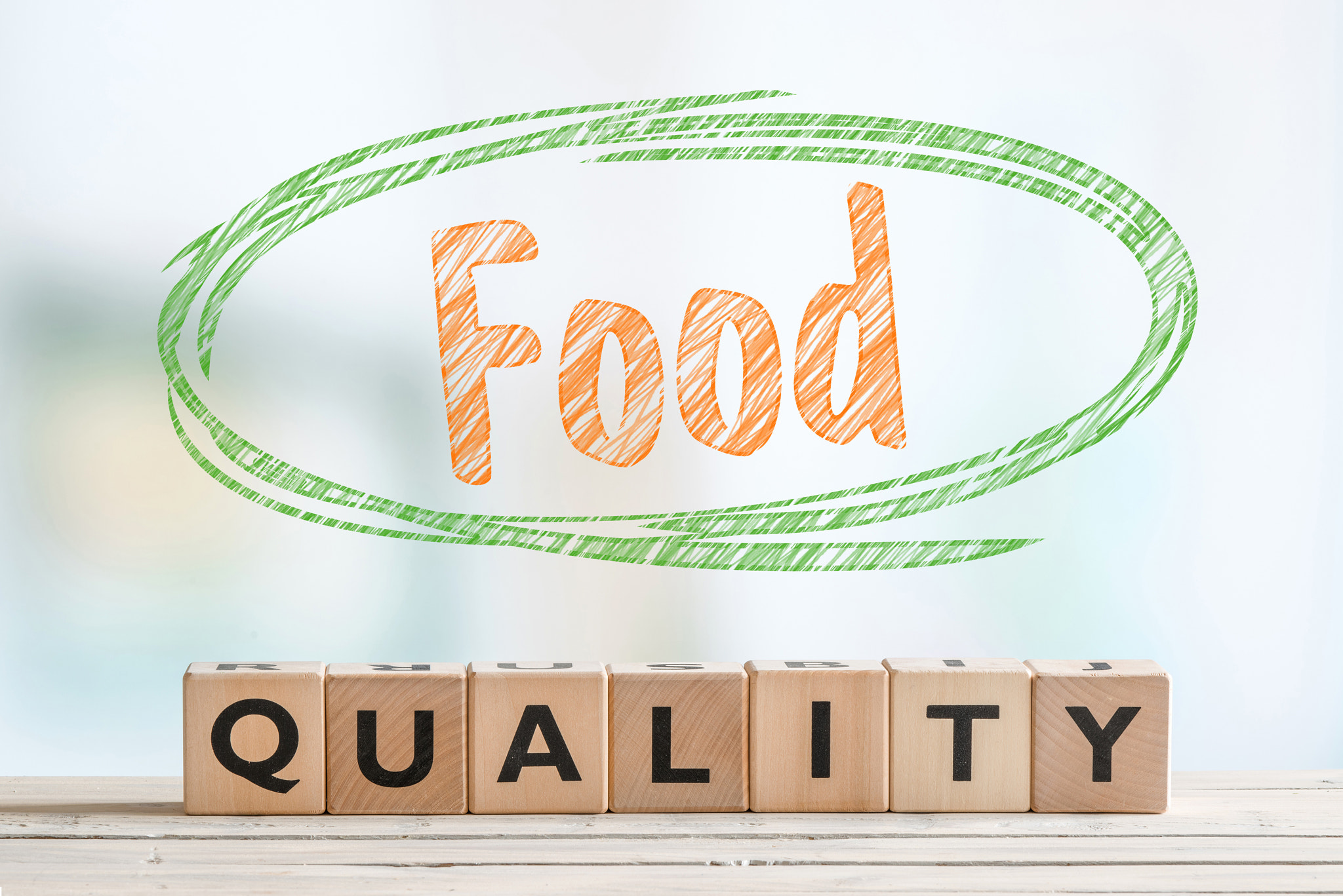 Sony a7R + Sony 70-400mm F4-5.6 G SSM II sample photo. Food quality sign made of wooden cubes photography