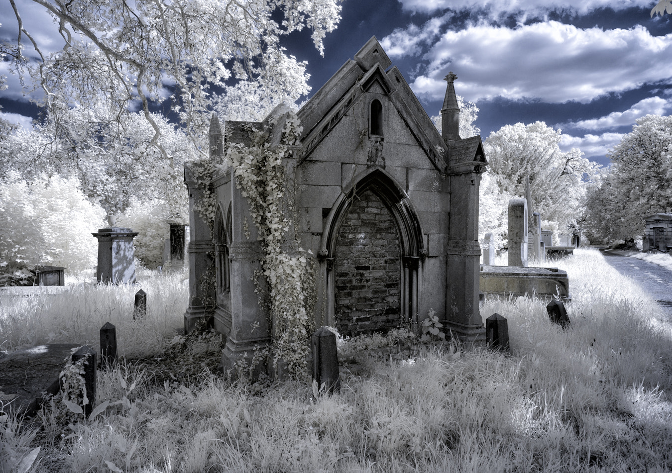 Fujifilm X-A1 + Fujifilm XF 14mm F2.8 R sample photo. Kensal green cemetery in infrared photography