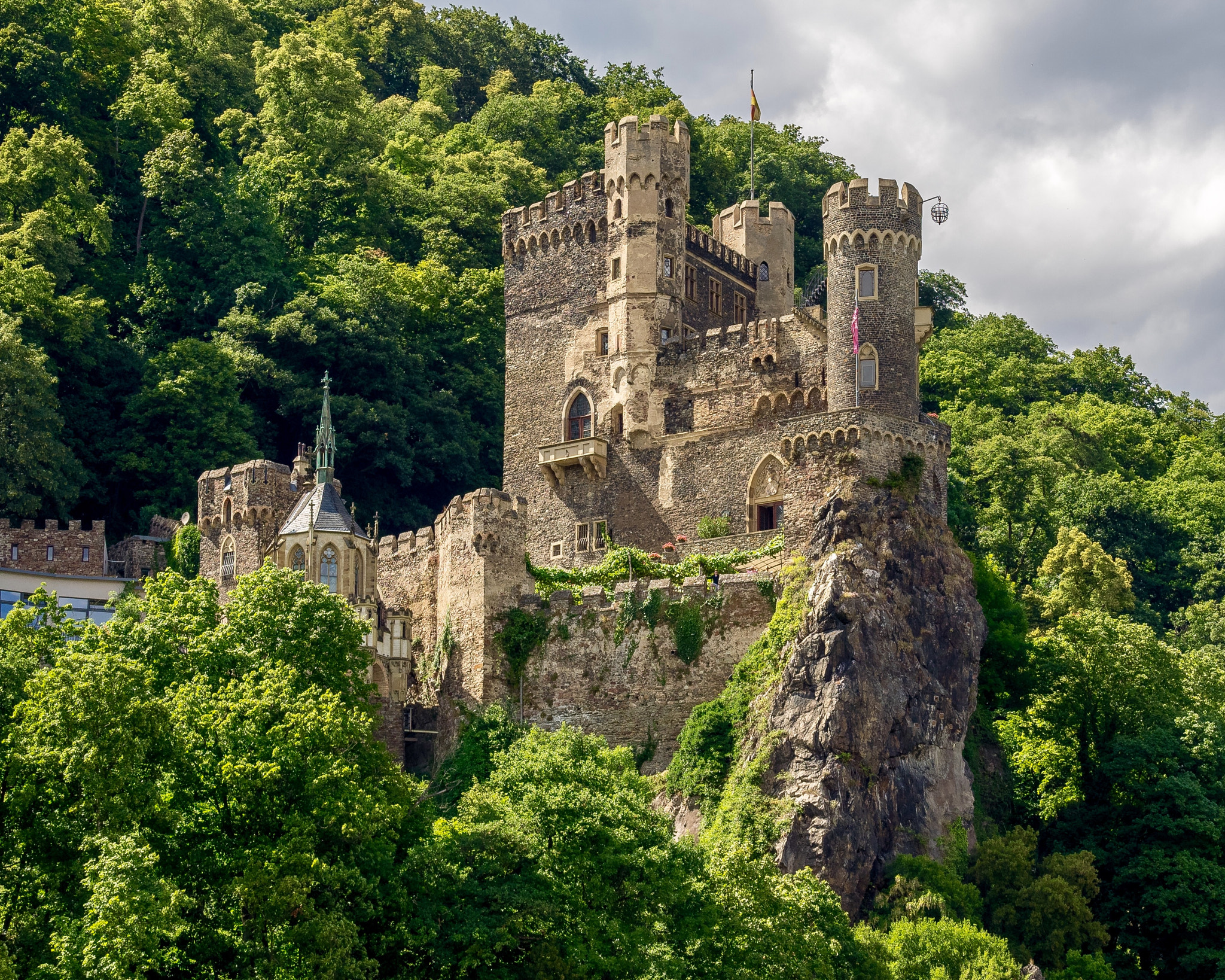 Panasonic Lumix G X Vario 35-100mm F2.8 OIS sample photo. "rheinstein castle" situated on a rocky ridge, bur ... photography