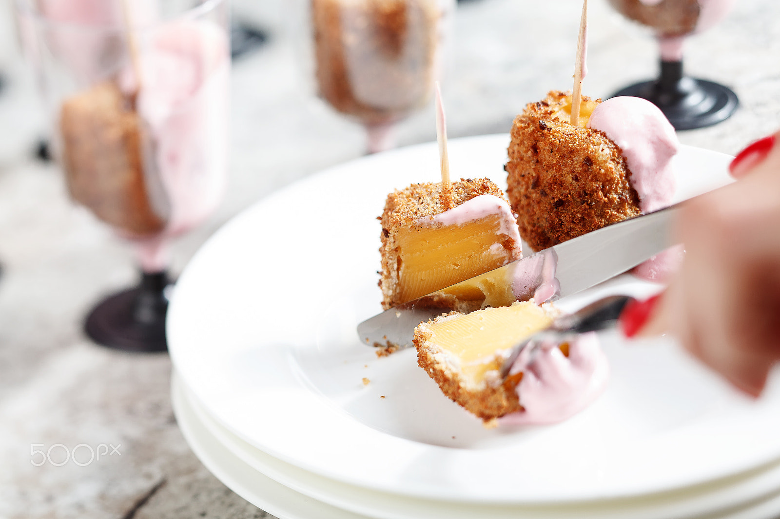 Canon TS-E 90mm F2.8 Tilt-Shift sample photo. Fried cheese snack. stock image photography