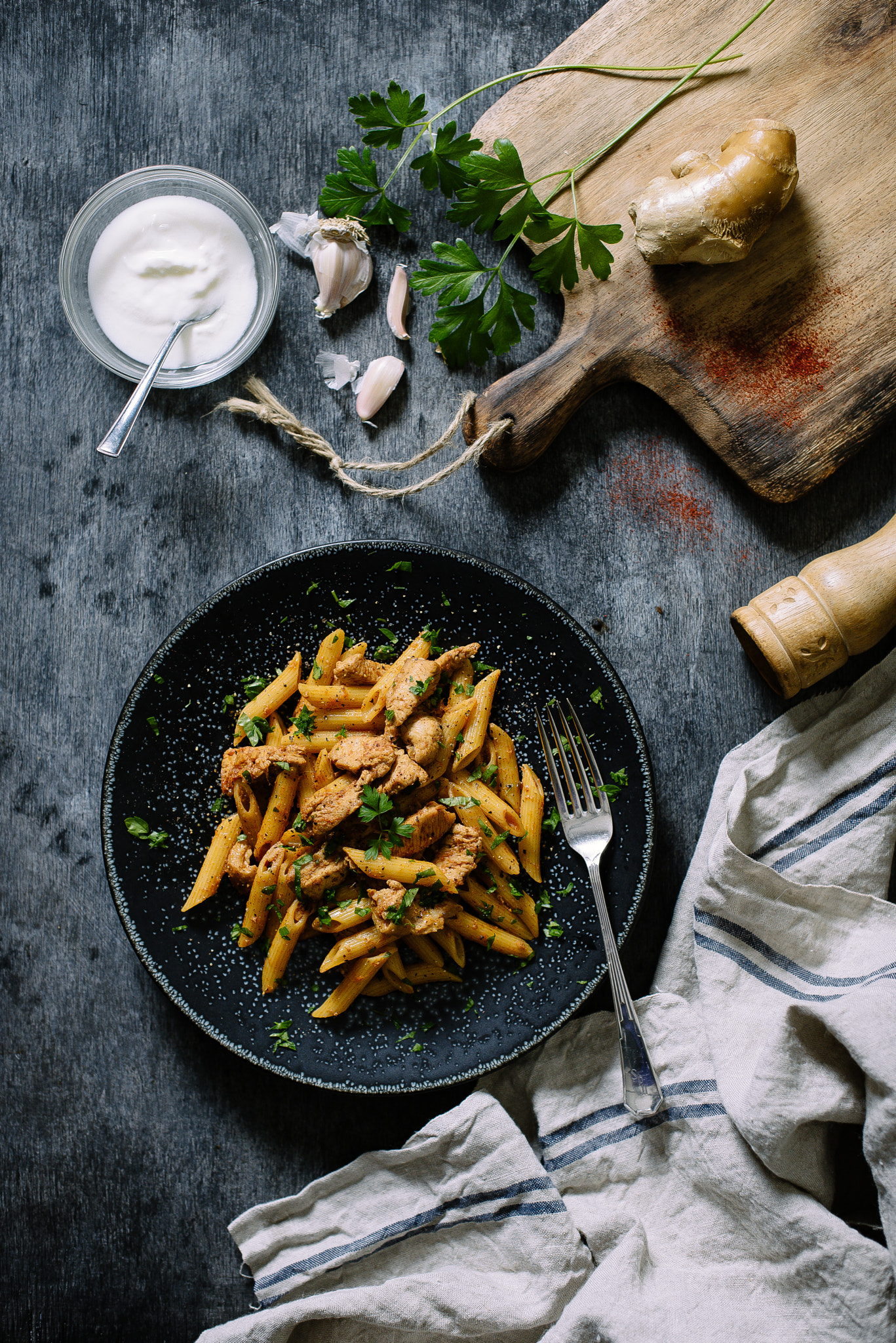 Chicken pasta with ginger garic yogurt spicy sauce.