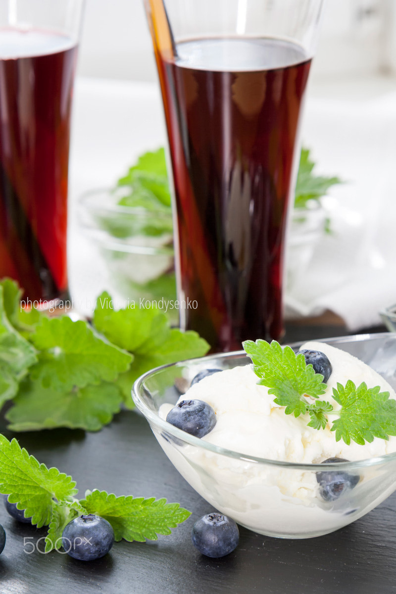 Canon EOS 1000D (EOS Digital Rebel XS / EOS Kiss F) sample photo. Ice cream with bog blueberry and lemon balm, glasses with fresh photography