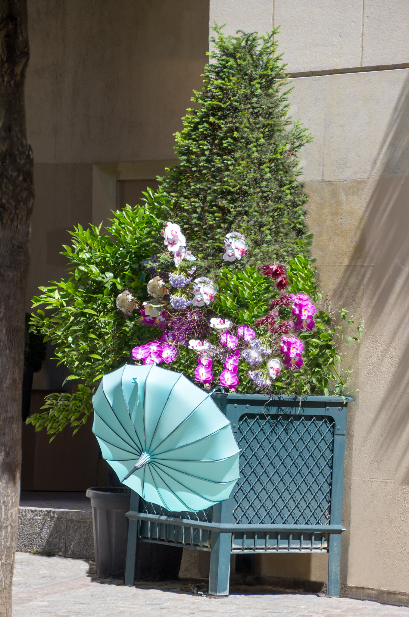 Pentax K-x + Pentax smc DA 18-270mm F3.5-6.3 ED SDM sample photo. Parisian planter with colorful umbrella photography