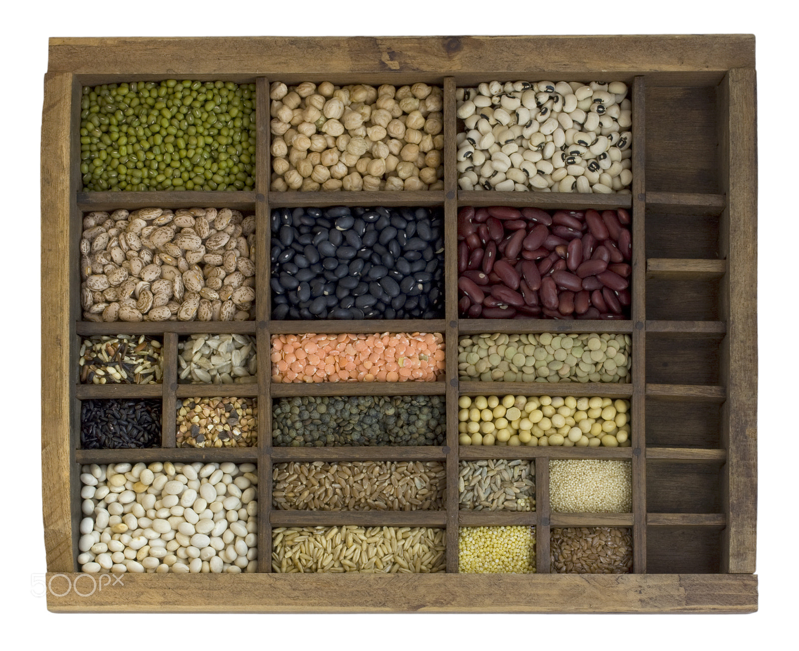 Canon EF-S 60mm F2.8 Macro USM sample photo. Typesetter case with assorted beans, grains and seeds photography