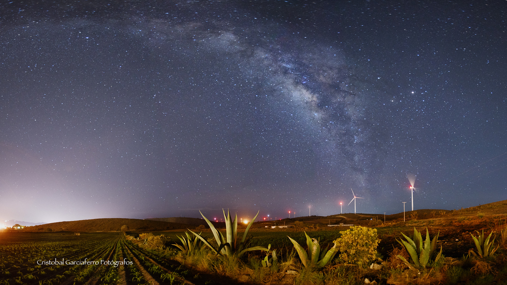 Sony a7R sample photo. Wind farm and milky way photography