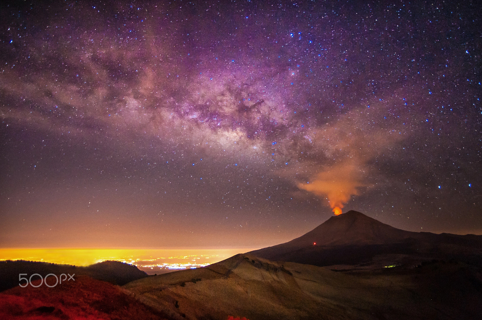 Nikon D3 + Nikon AF Nikkor 14mm F2.8D ED sample photo. Active volcano ad milky way photography