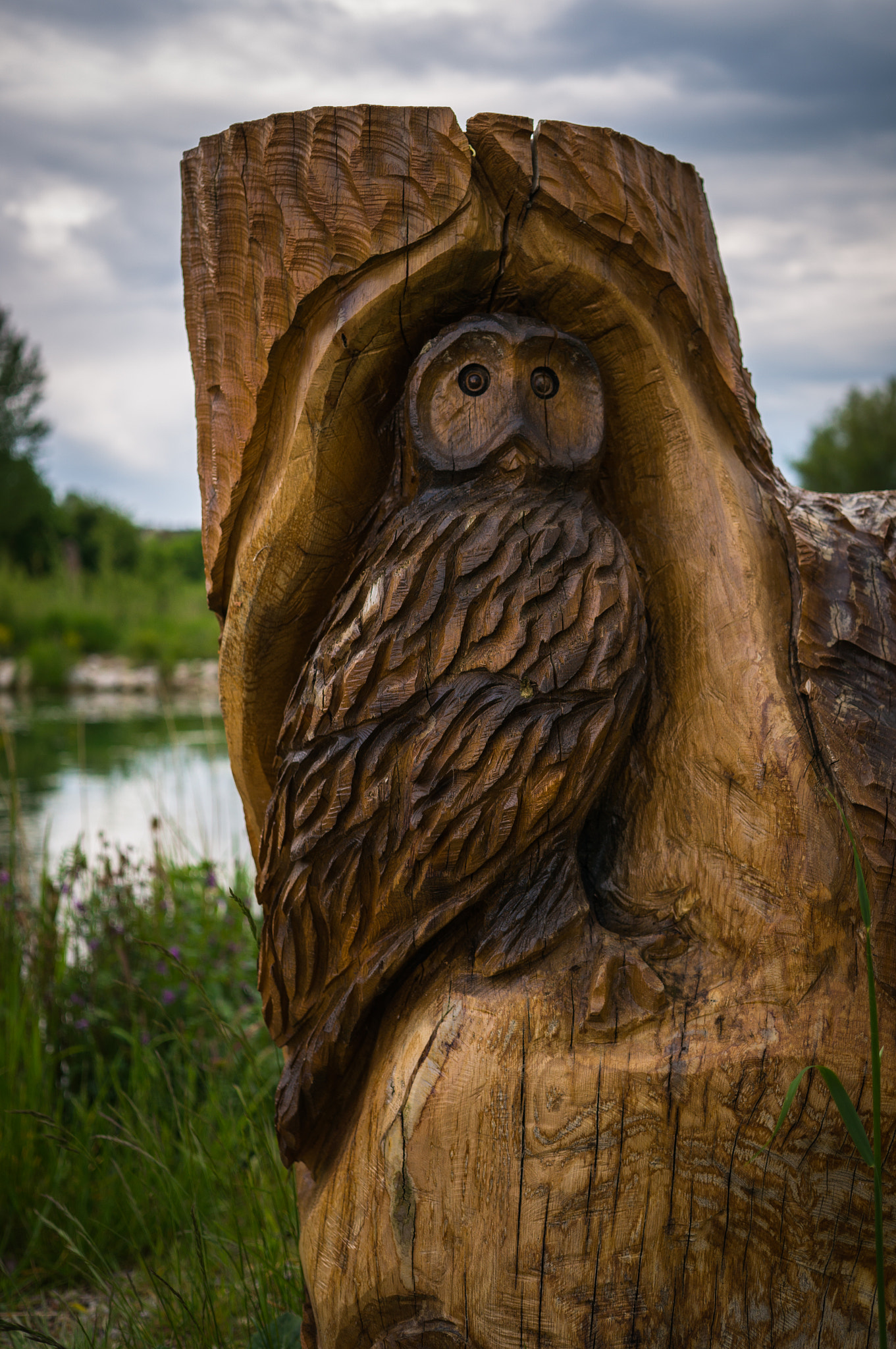 Sony Alpha NEX-5R + Sigma 30mm F2.8 EX DN sample photo. Woodcarving by the lake photography