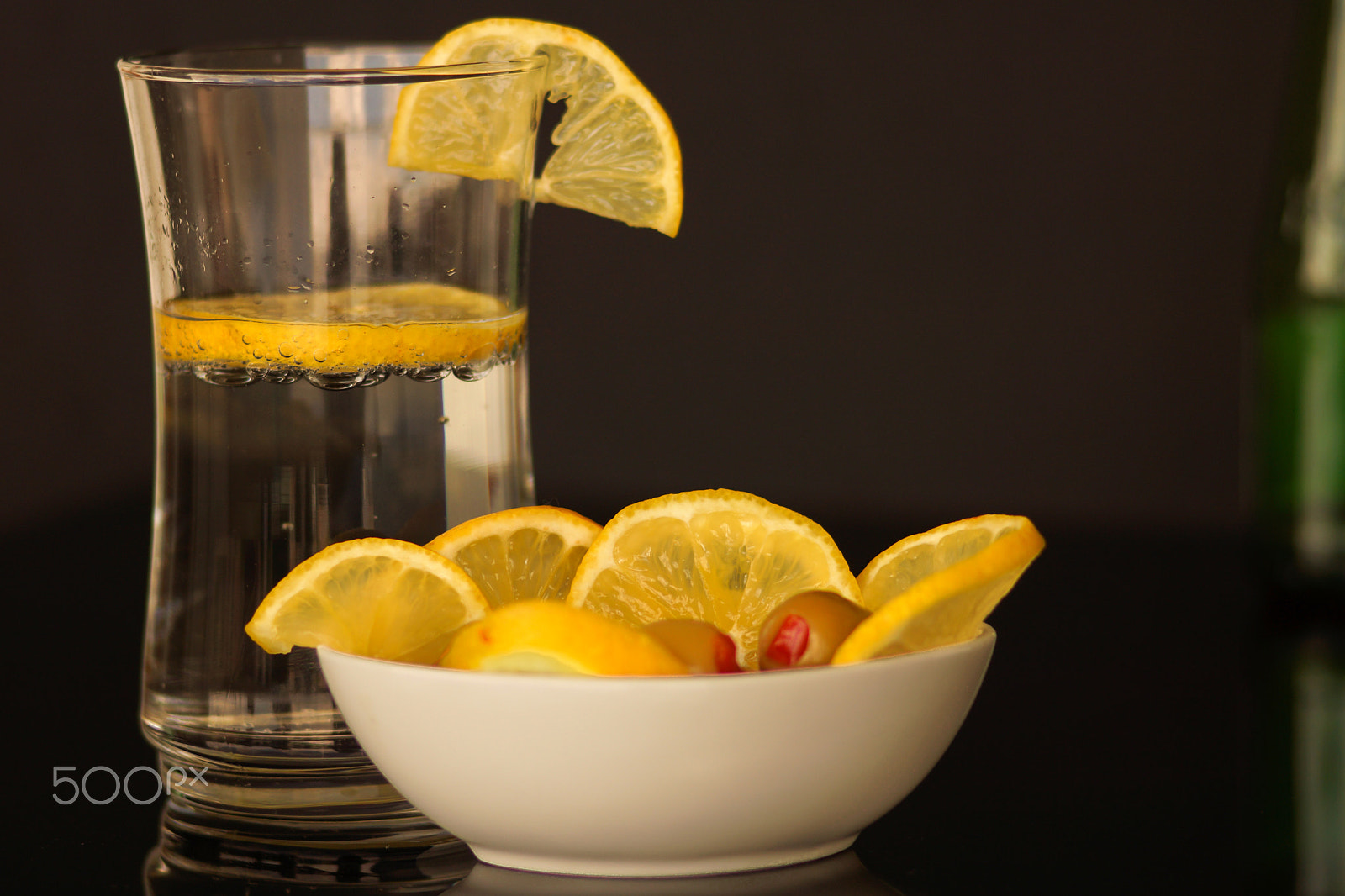 Sony 85mm F2.8 SAM sample photo. Mineral water with lemon & appetizer photography