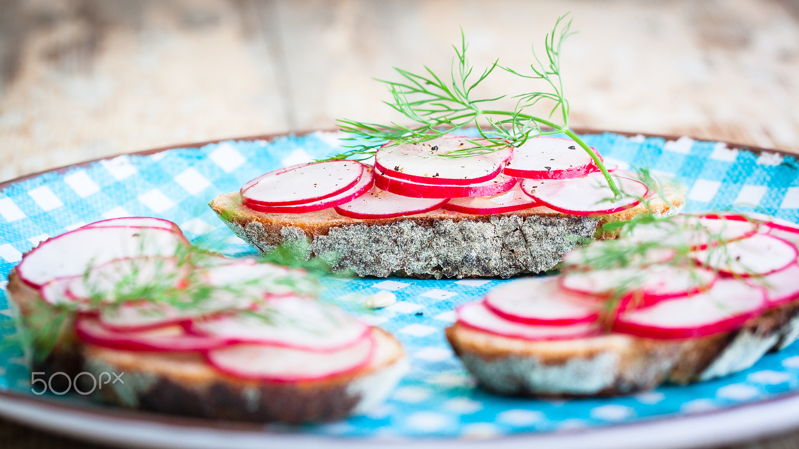 Canon EOS 1000D (EOS Digital Rebel XS / EOS Kiss F) + Canon EF 100mm F2.8L Macro IS USM sample photo. Sandwiches with thin radish slices and dill photography