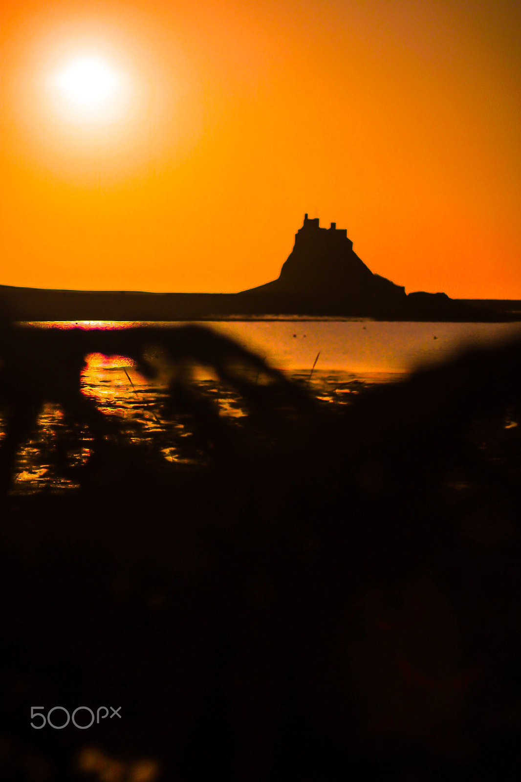 Canon EF 50mm F1.4 USM sample photo. Lindisfarne castle orange sunrise and lobster pots photography