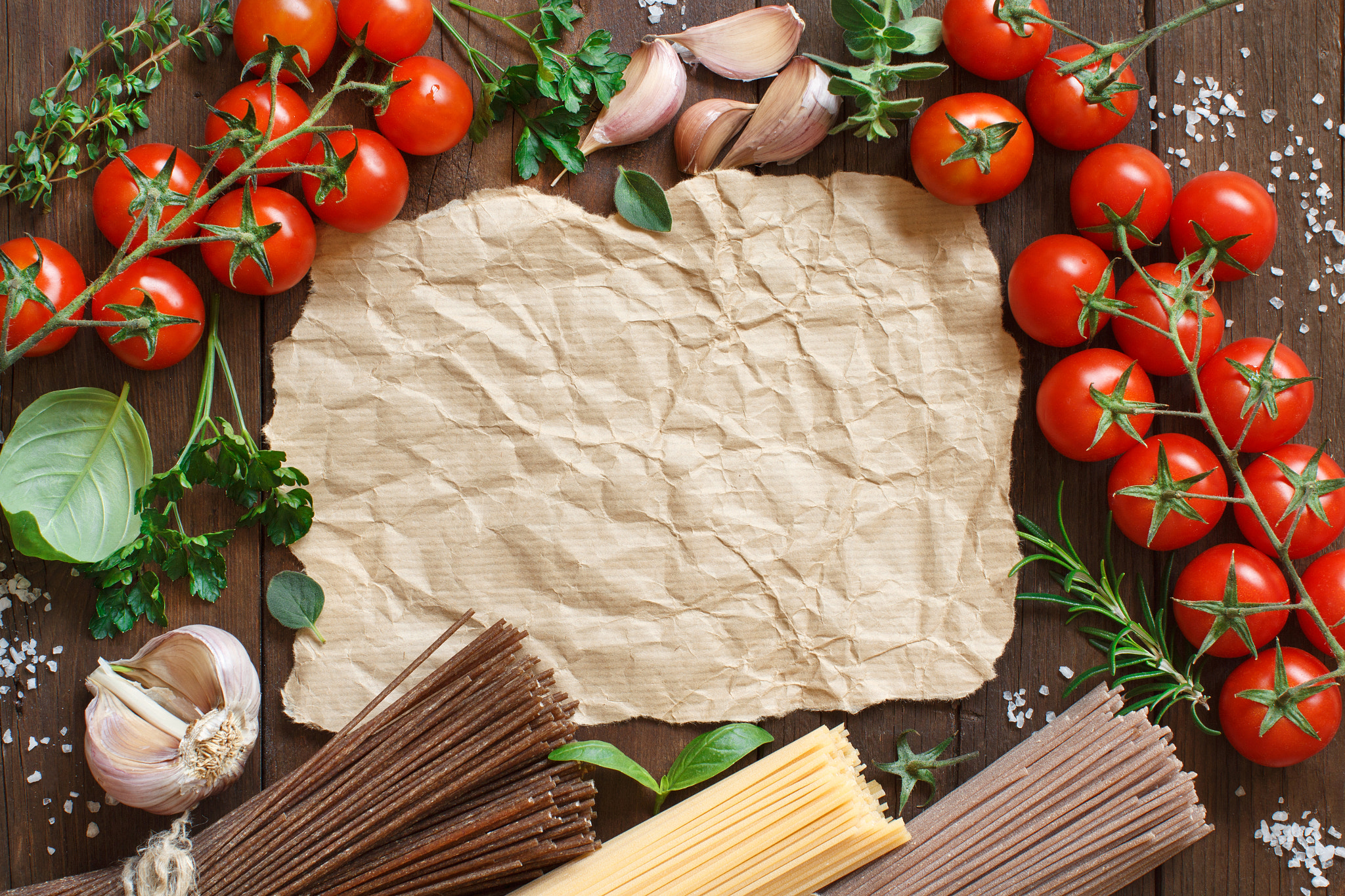 Canon EOS 650D (EOS Rebel T4i / EOS Kiss X6i) + Canon EF 50mm F1.2L USM sample photo. Three types of spaghetti, tomatoes and herbs photography