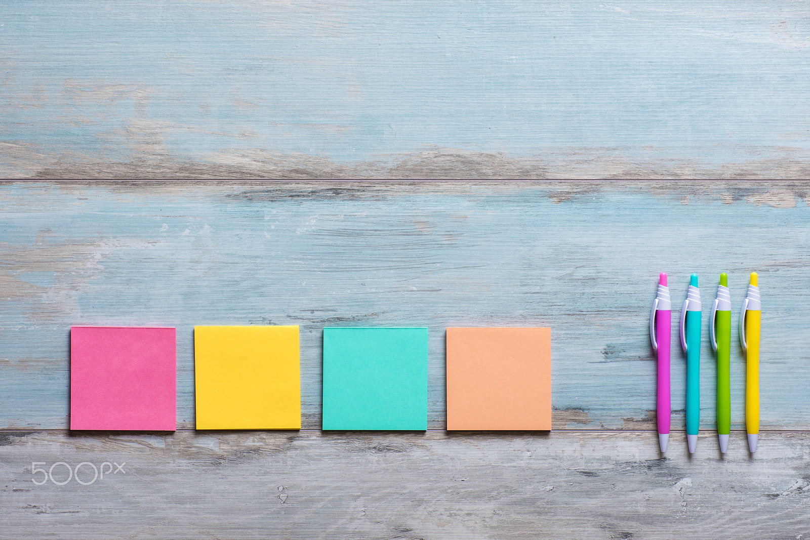 Nikon D810 + Sigma 70mm F2.8 EX DG Macro sample photo. Retro blue wooden table with empty colorful sticky notes and different color pens photography