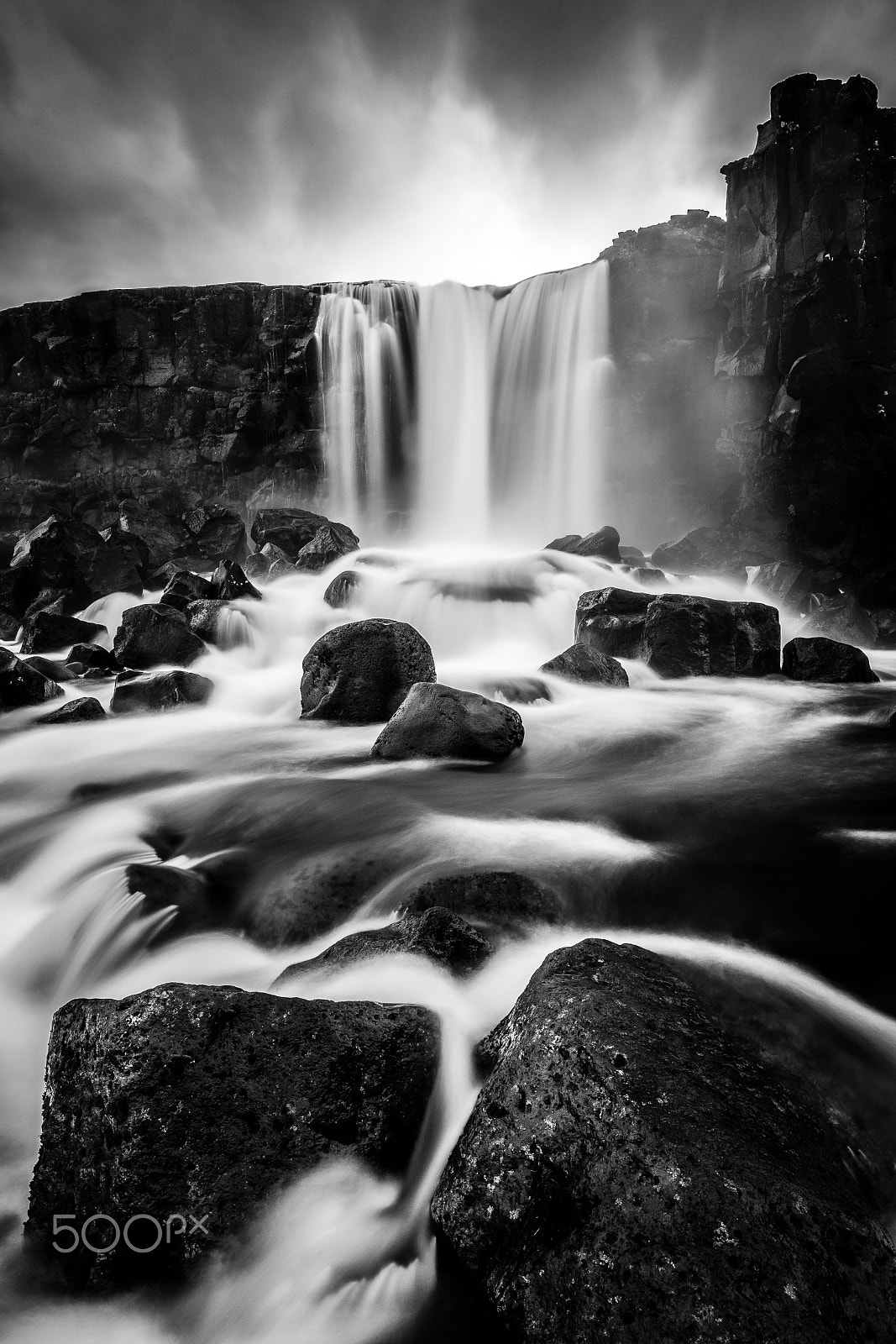 Canon EOS 600D (Rebel EOS T3i / EOS Kiss X5) + Canon EF 16-35mm F4L IS USM sample photo. Waterfall with rocks (bw) photography