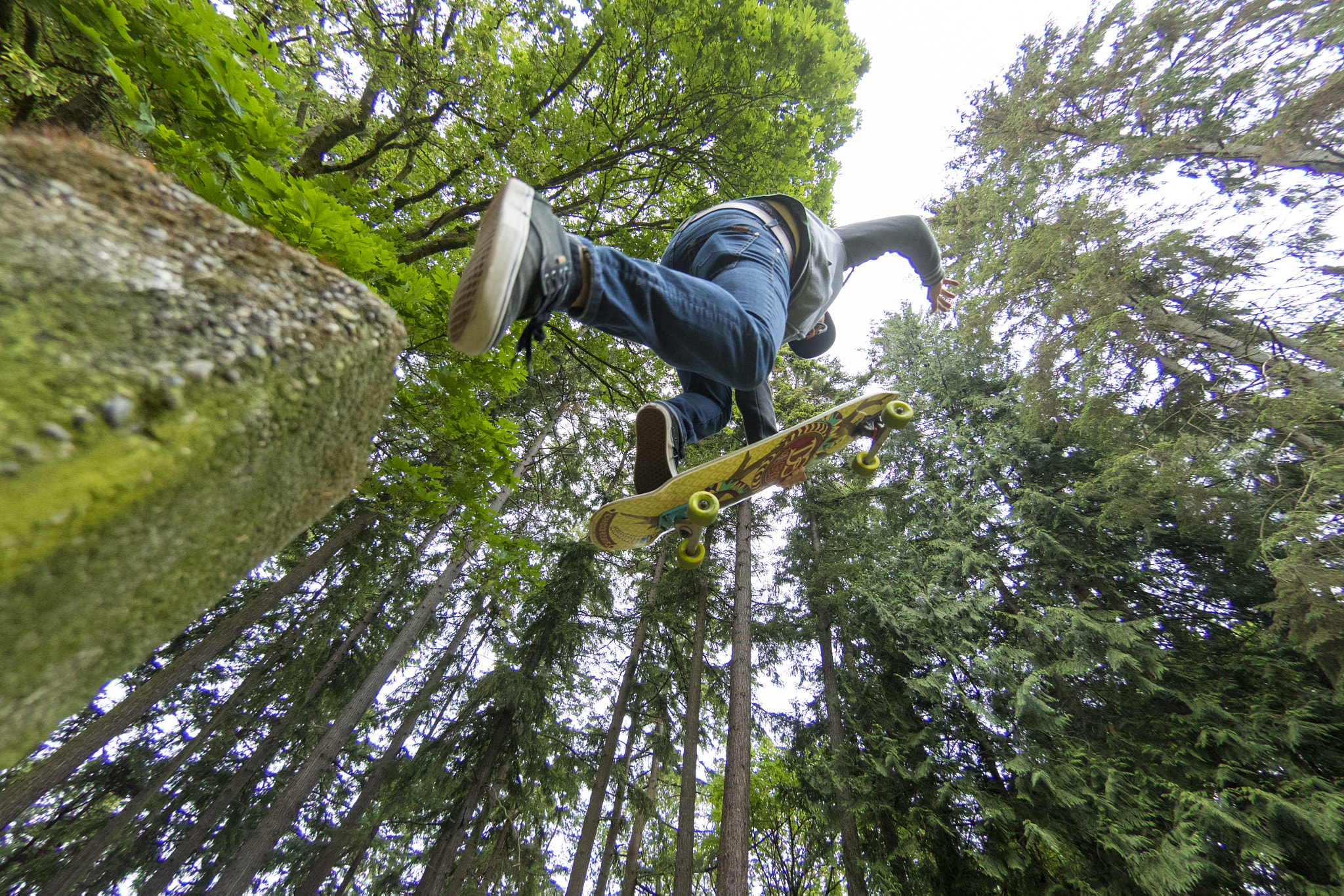 Nikon AF DX Fisheye-Nikkor 10.5mm F2.8G ED sample photo. Skateboarding under the trees: boneless in seattle photography