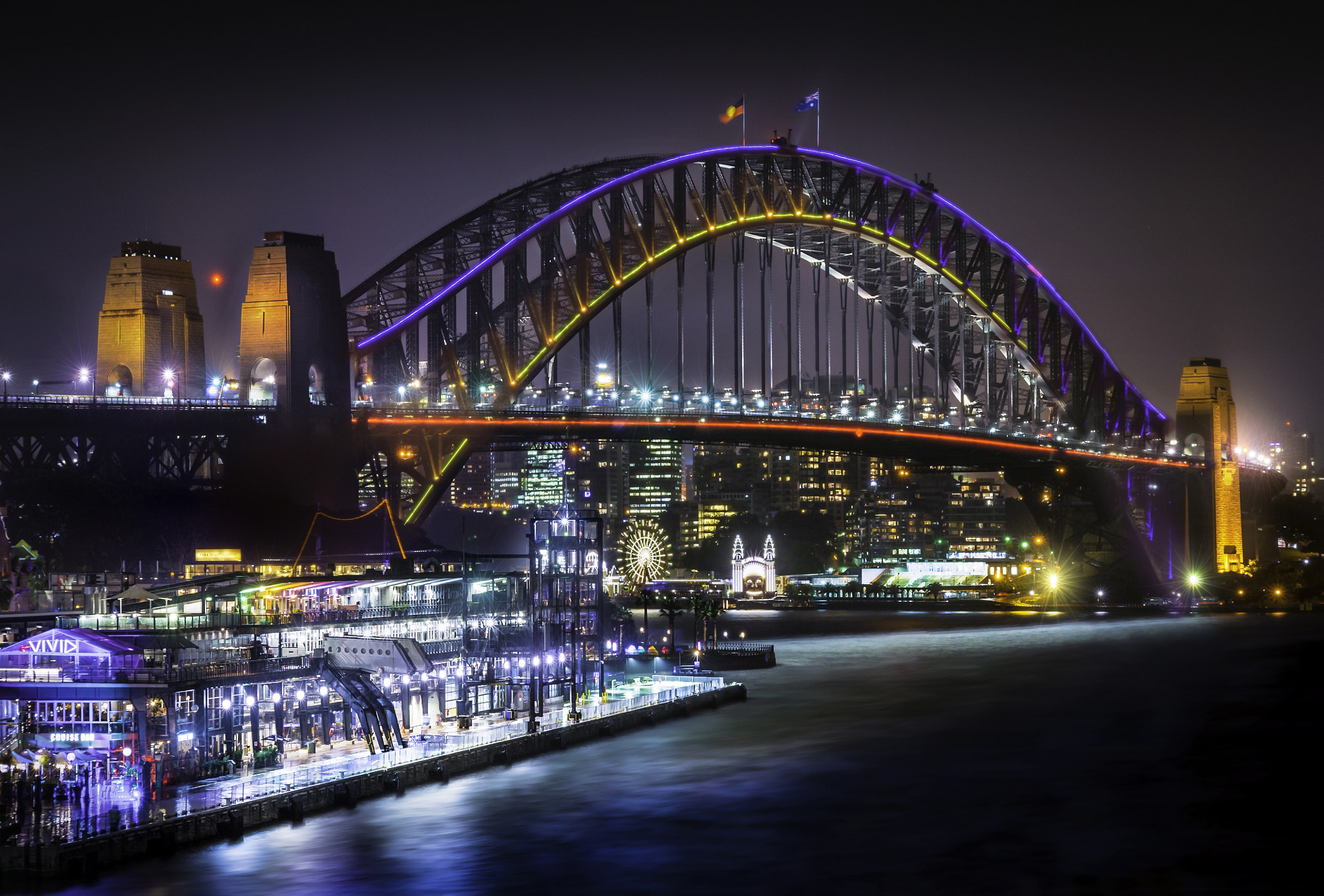 Nikon D700 + AF Nikkor 70-210mm f/4-5.6D sample photo. Sydney harbour bridge vivid 2016 in the rain photography