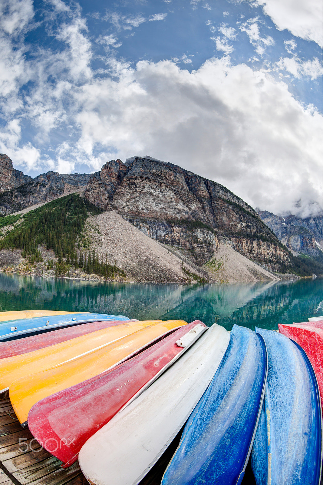 Canon EOS 5D Mark II + Canon EF 8-15mm F4L Fisheye USM sample photo. Kayaks on moraine lake in the canadian rockies photography