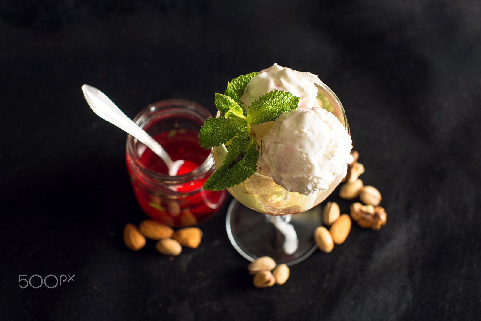 Nikon D600 + Sigma 50mm F1.4 EX DG HSM sample photo. Ice cream and nuts on black background photography