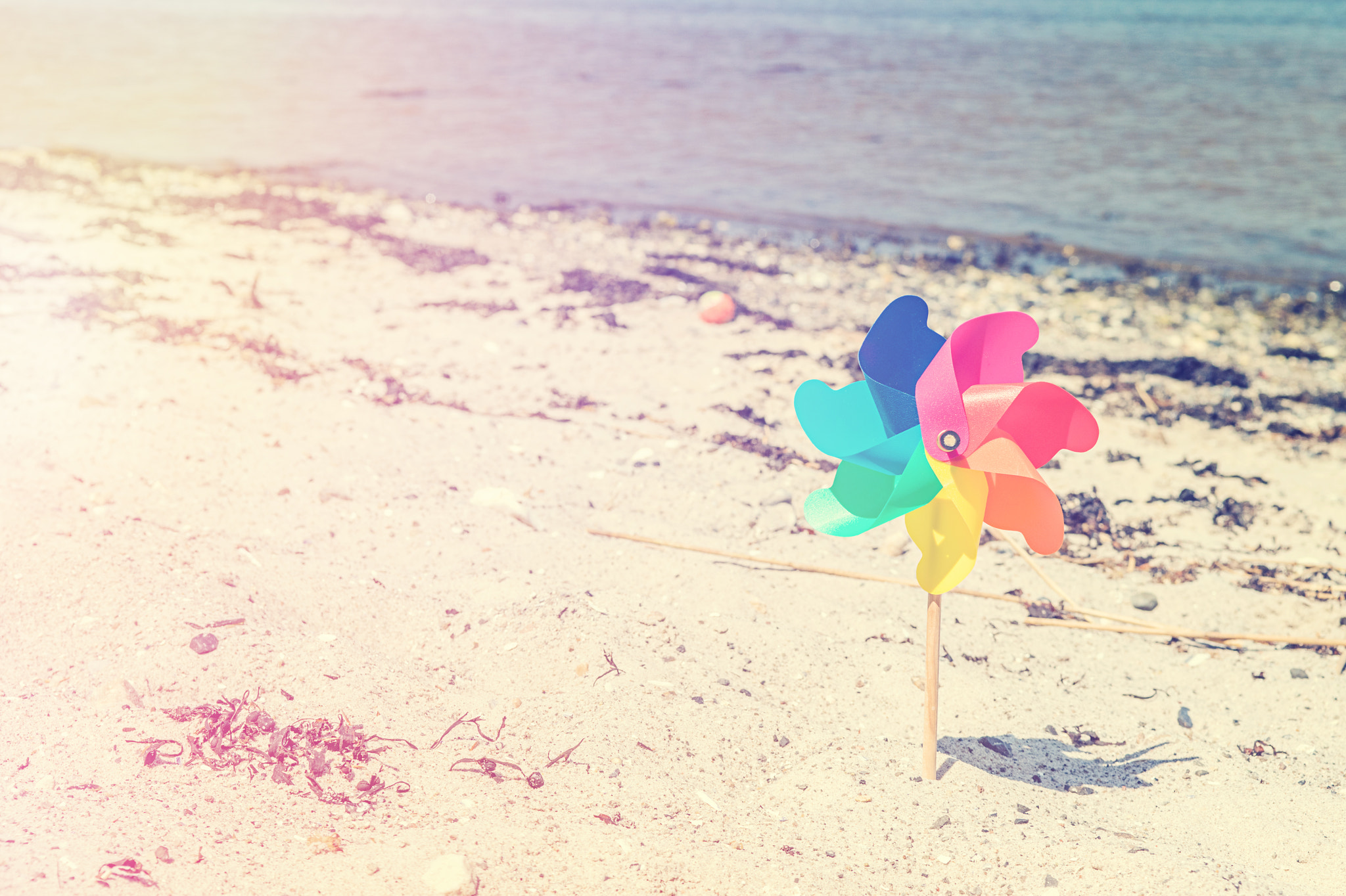 Sony a7R + Sony 50mm F1.4 sample photo. Wind mill toy on a beach photography