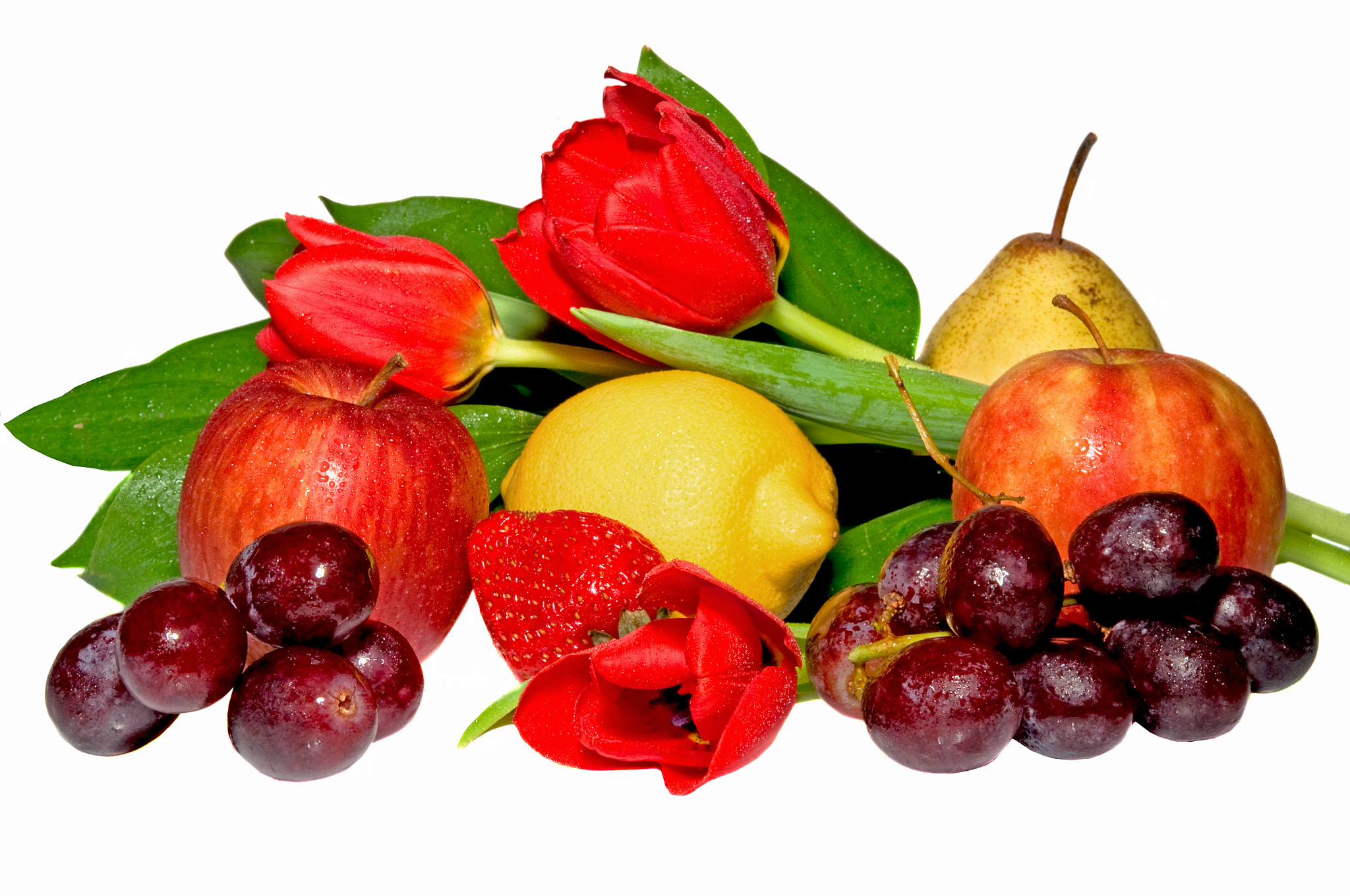 Fruits and red tulips