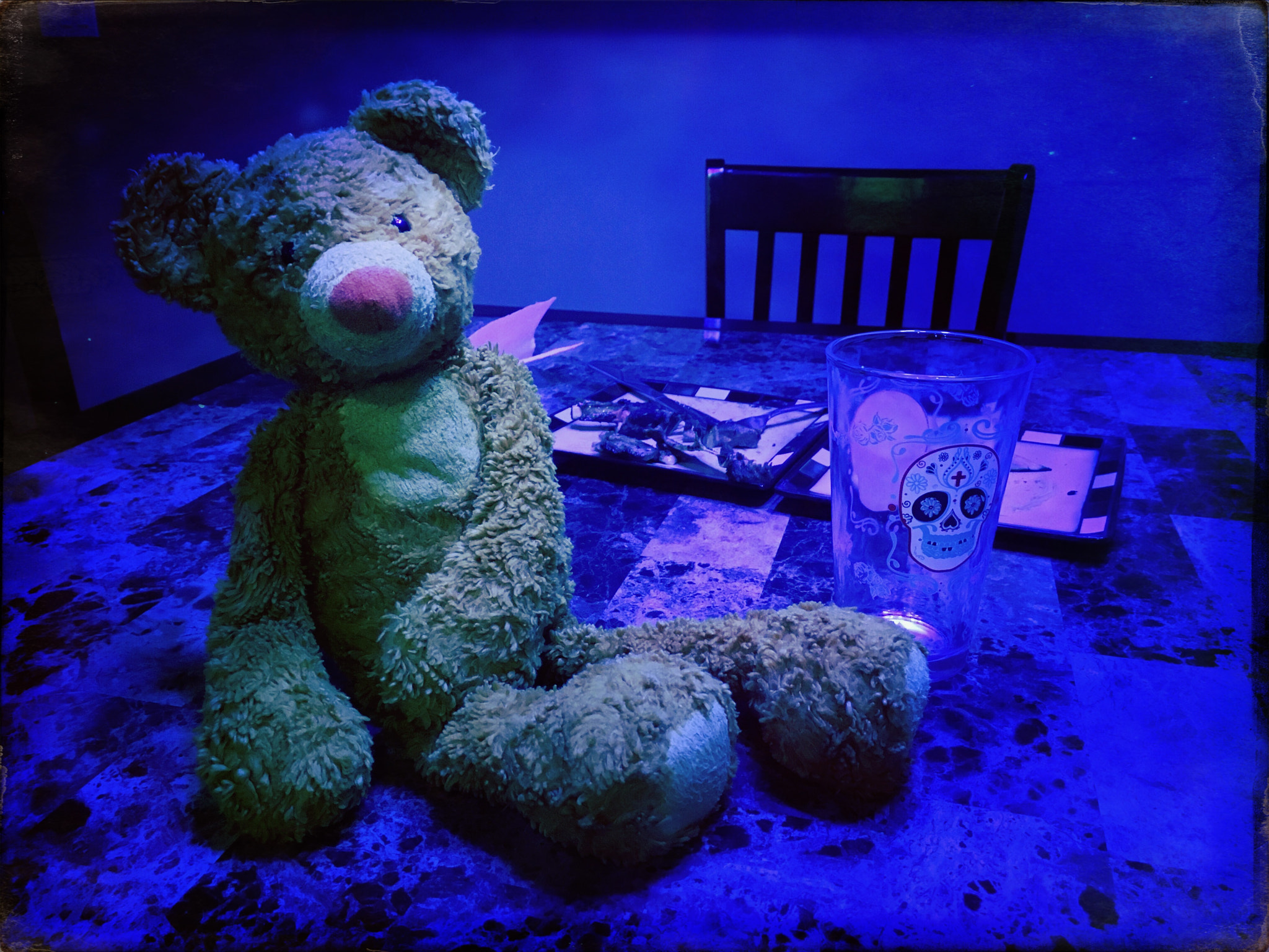 Hipstamatic 313 sample photo. Teddy bear, sugar skull, blue light photography