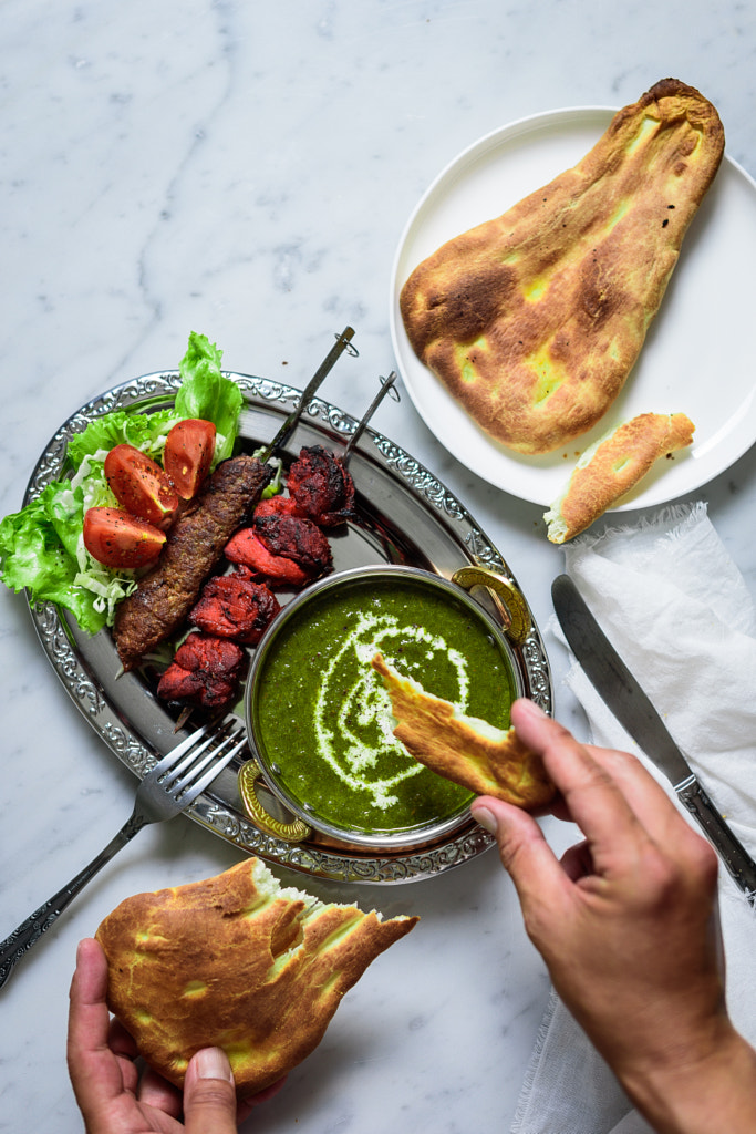 Indian style Palak curry(Spinach), chicken tikka, sheekh kabab