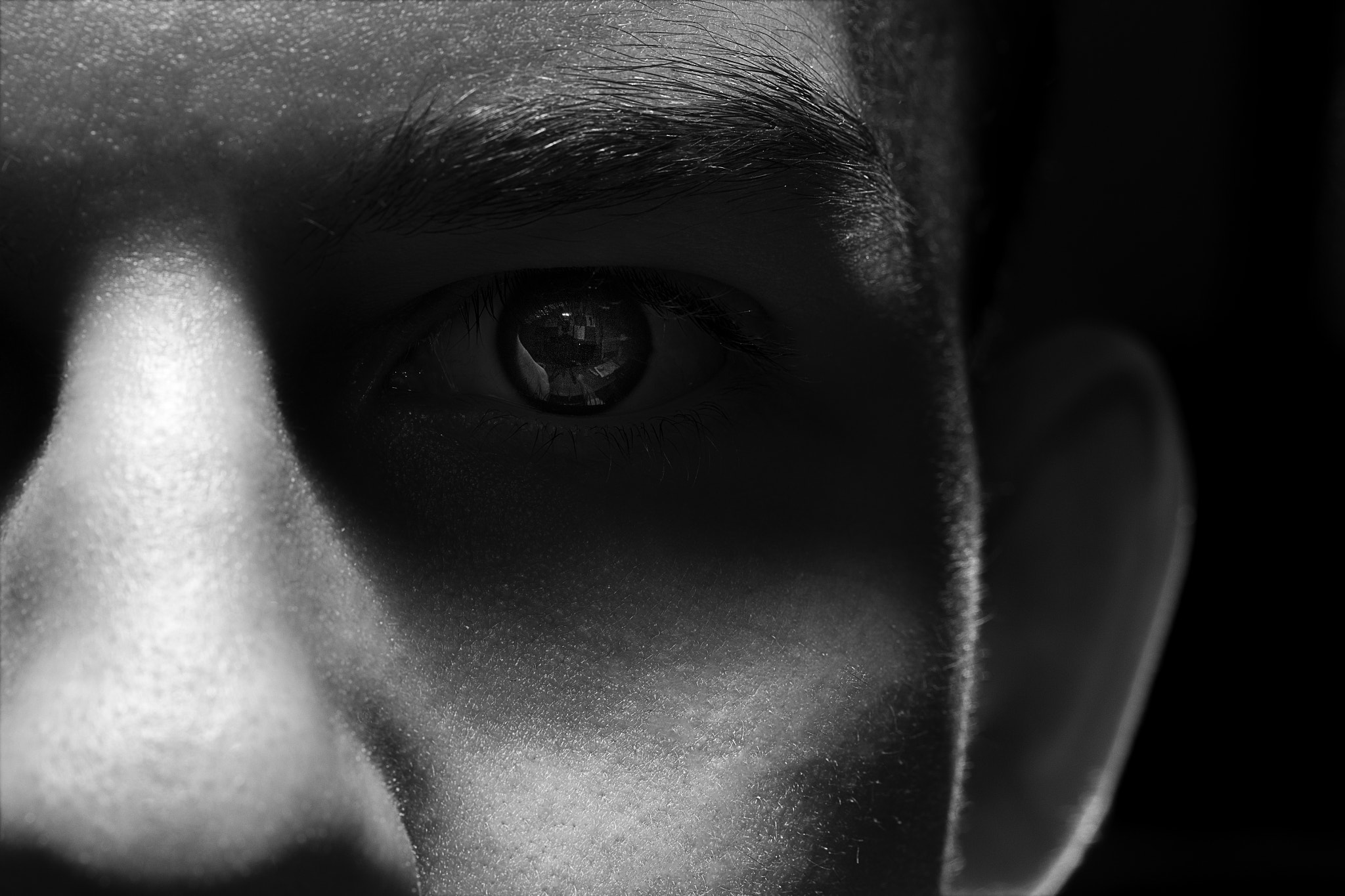Canon EF-S 60mm F2.8 Macro USM sample photo. Intense face close bw photography