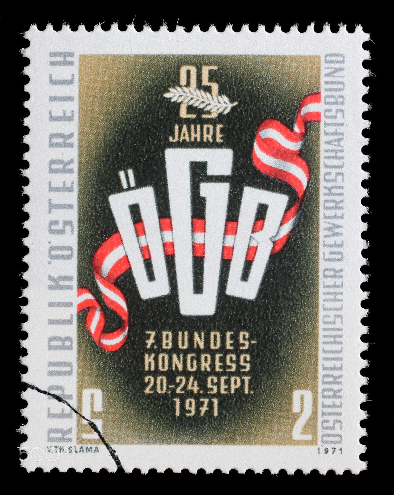 Canon EOS 60D + Canon EF 50mm F2.5 Macro sample photo. Stamp printed in the austria shows trade union emblem, 25th anniversary of austrian trade union... photography