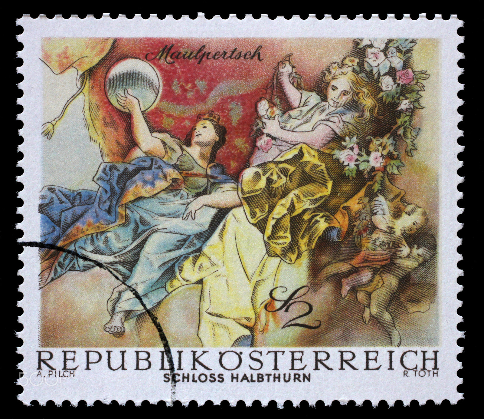 Canon EOS 60D + Canon EF 50mm F2.5 Macro sample photo. Stamp printed in the austria shows symbolic figures from the triumph of apollo, by maulpertsch,... photography