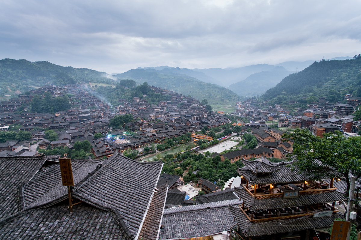 Sony a7R II + Canon EF 17-40mm F4L USM sample photo. Xijiang thousand households miao village, dusk photography