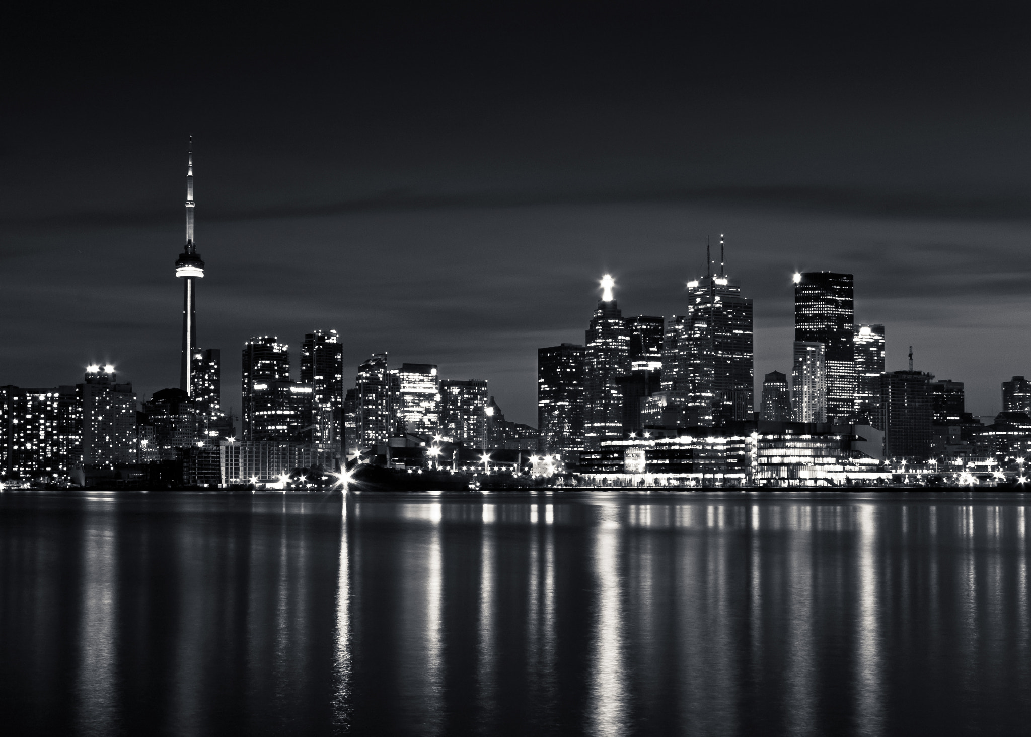 Canon EF-S 17-85mm F4-5.6 IS USM sample photo. Toronto skyline at night from polson st no 2 black and white photography